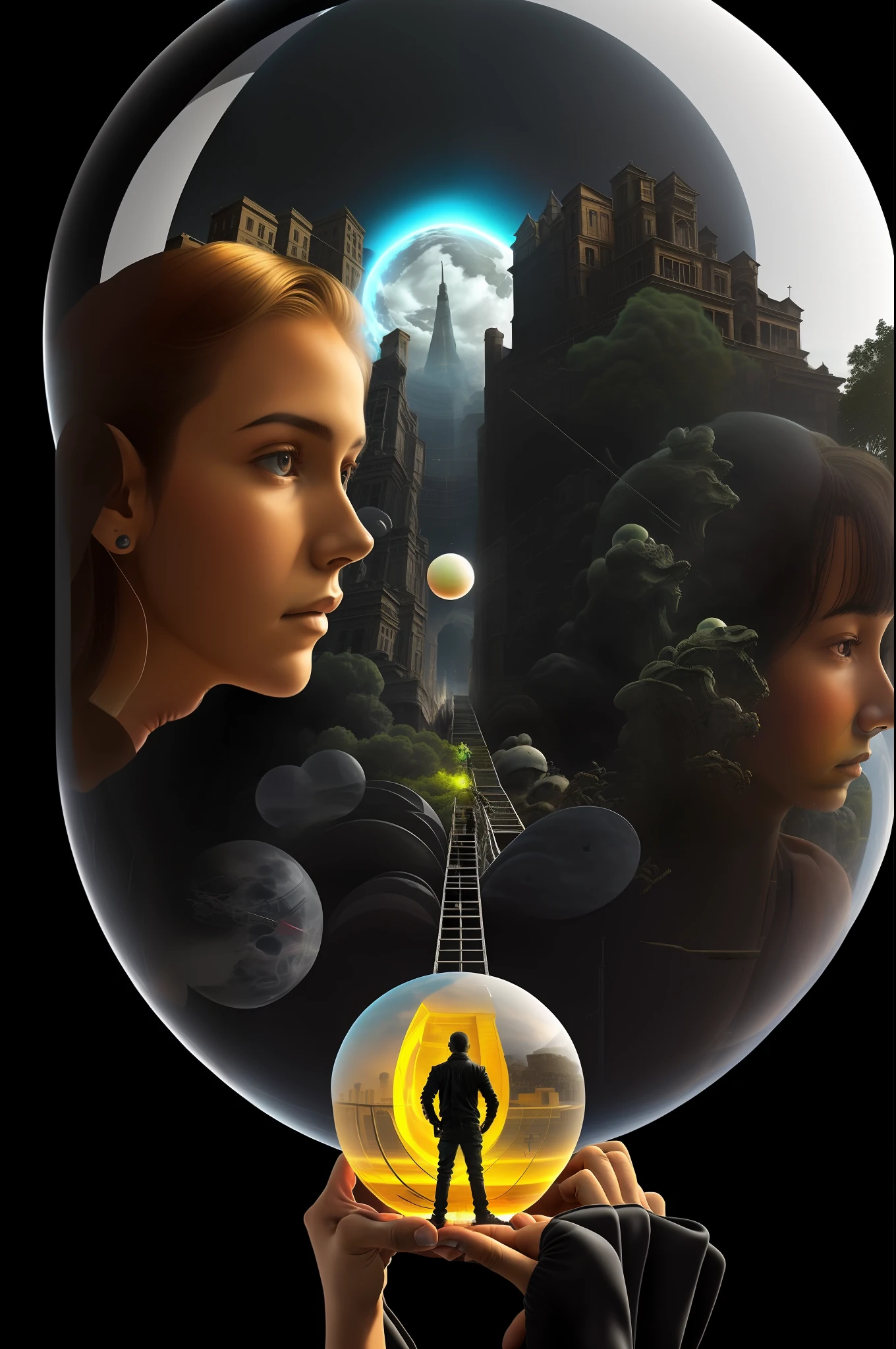 A closeup of a person standing on a ladder with a giant head in a dimensional portal, Cores fantasy Science Dark, several a humans around with a floating sphere in their hands existential art