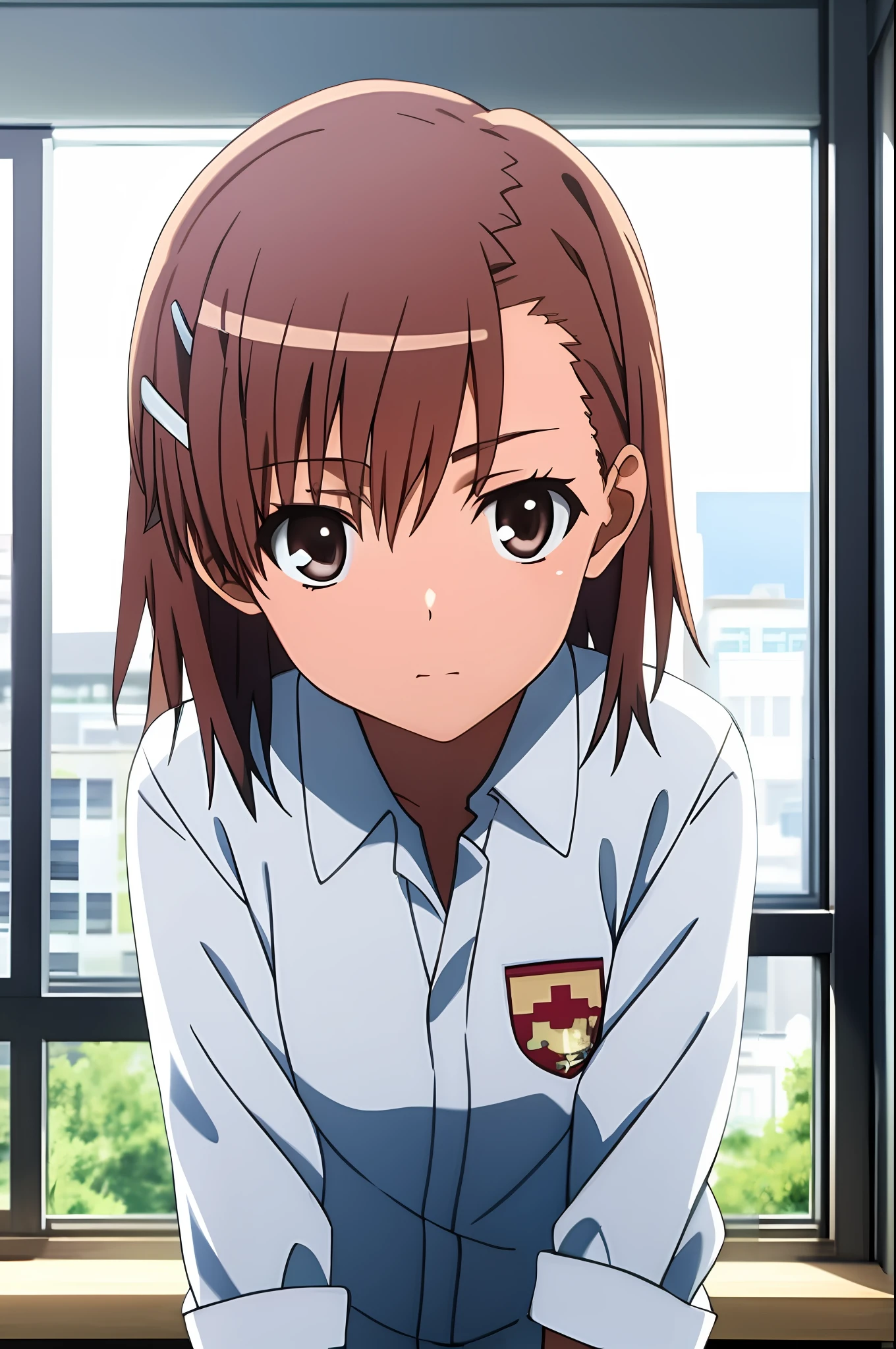 masterpiece, best quality, misaka_mikoto, brown eyes, short_hair, small_breast, looking at viewer, solo, closed_mouth, collared_shirt, school_uniform, shirt, white_shirt, classroom