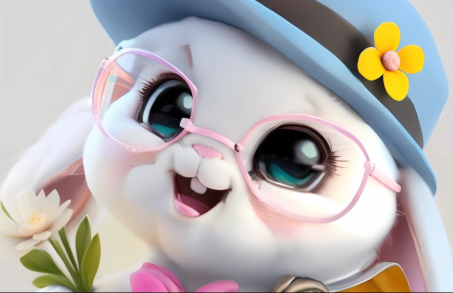 cartoon bunny with a hat and glasses holding a flower, cute digital painting, cute anthropomorphic bunny, Cute cartoon character, adorable digital art, cute character, cute 3 d render, cute detailed digital art, edgBunny_charactor, adorable and cute, kawaii! C4D, anthropomorphic rabbit, Cute cartoon, adorable and cute, Cute cartoon style