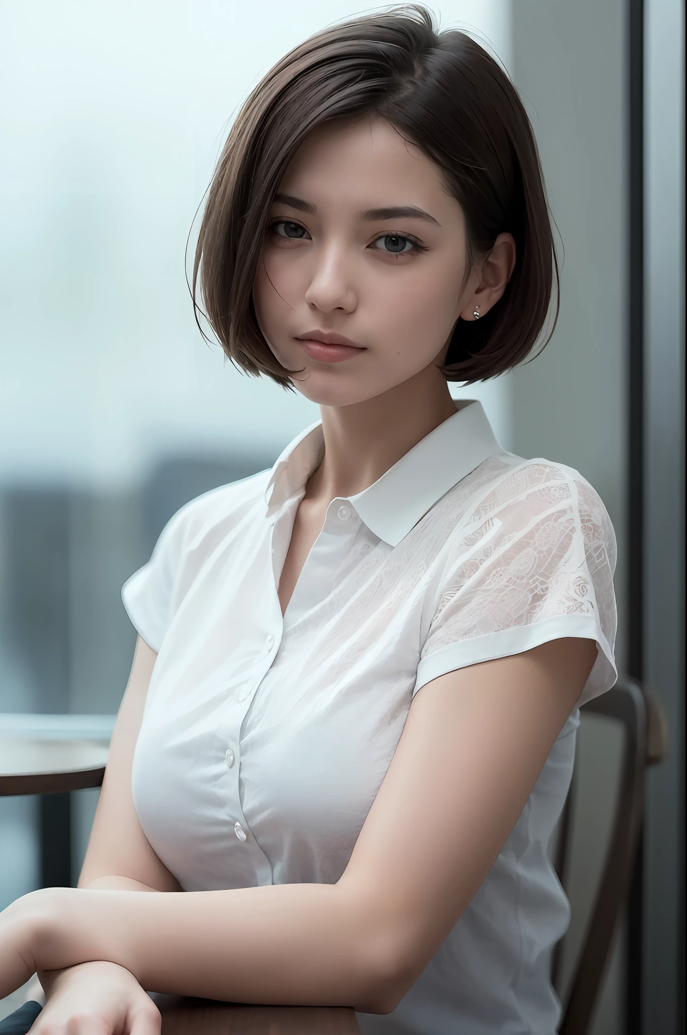 (8k, best quality, masterpiece:1.2), (realistic, photo-realistic:1.37), ultra-detailed, 1 girl, cute, solo, beautiful detailed sky, detailed cafe, night, sitting, dating, (nose blush), (smile:1.15), (closed mouth) small breasts, beautiful detailed eyes, (collared shirt:1.1), night, wet, business attire, rain, white lace, (short hair:1.2), floating hair NovaFrogStyle, topless,