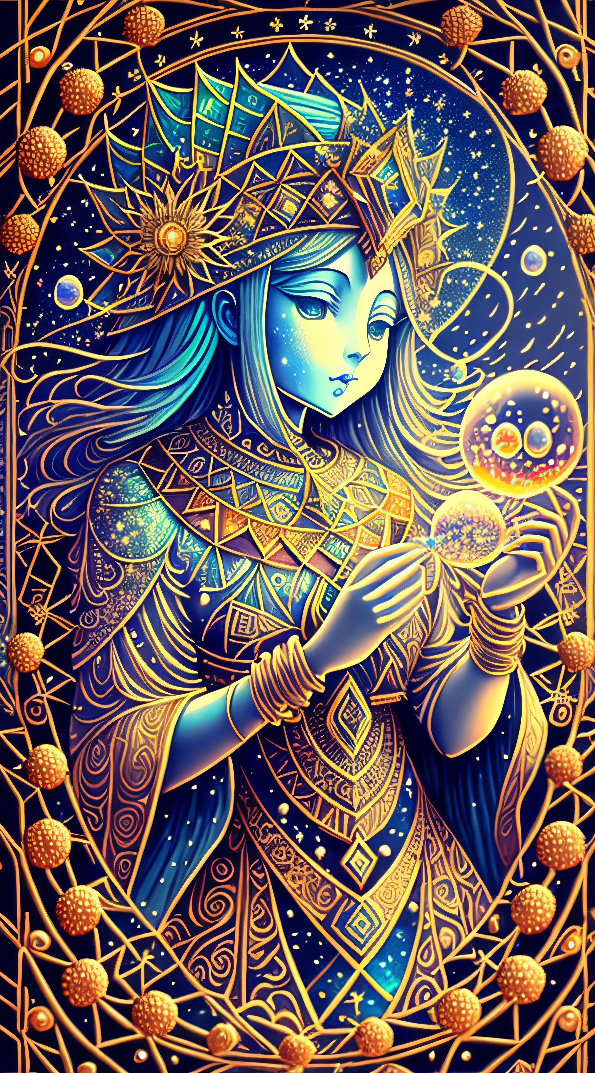 (masterpiece, top quality, best quality, official art, beautiful and aesthetic:1.2) , blue skin godess and god ,extreme detailed,colorful,highest detailed, official art, unity 8k wallpaper, ultra detailed, beautiful and aesthetic, beautiful,fractal art, masterpiece, best quality, (zentangle, mandala, tangle, entangle) ,holy light,gold foil,gold leaf art,glitter drawing, PerfectNwsjMajic ,dwelling place of ancient beings ,as above so below ,hyperdimension ,panorama view,dept and field ,timetraffeling , past and future form,formless,dimension x , protoculture ,symbiosis,Epic cinematic brilliant stunning intricate meticulously detailed dramatic atmospheric maximalist realistic organic climactic effervescent bubbling dripping splashing exploding bubbles of firework and rocks,astrology signs ,tarot , Lady Frieda Harris .