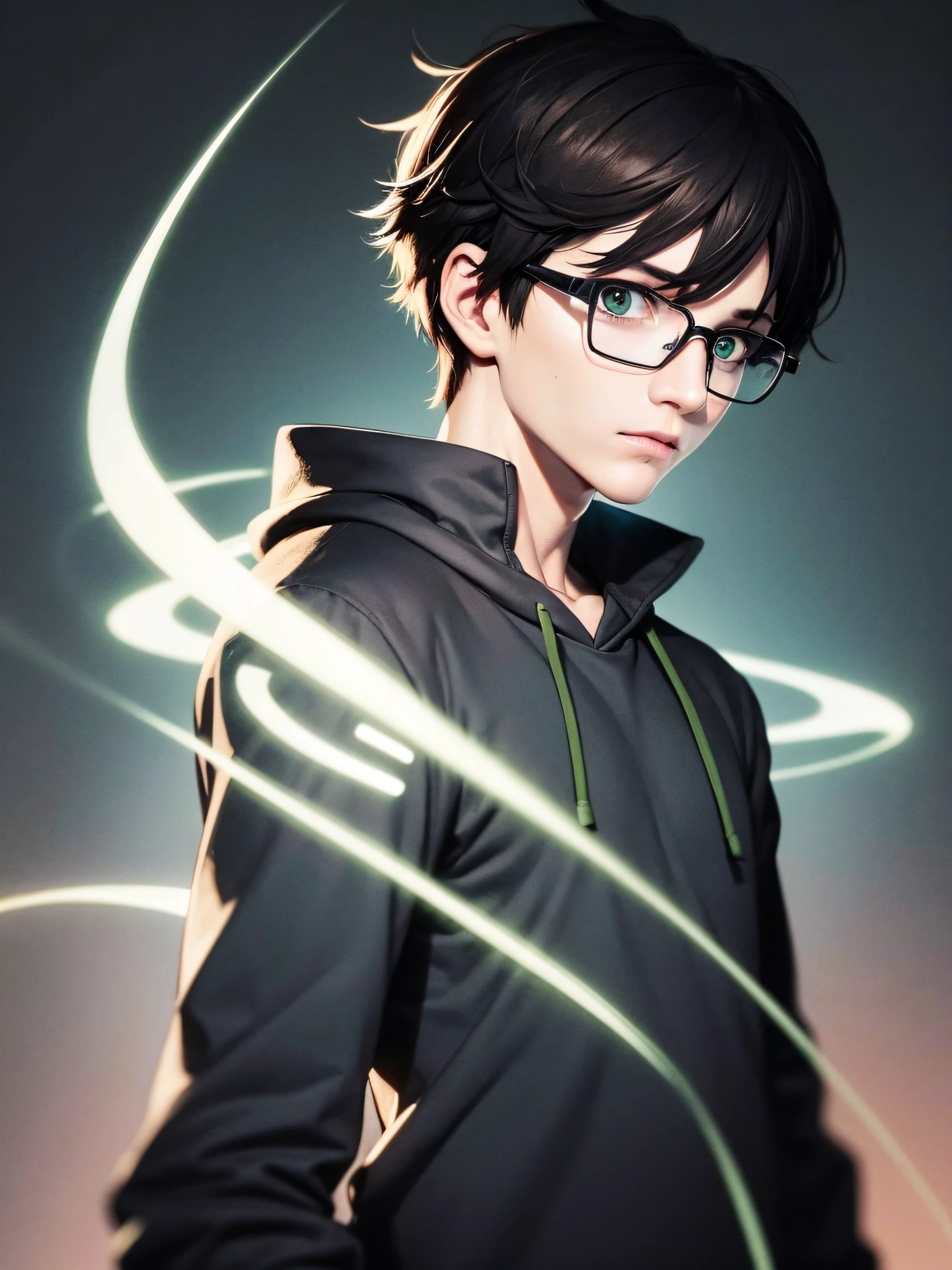 character, a skinny young man wearing glasses and sweatshirt, with dark hair, short hair, lighting details, anime-style with defined strokes, dark background with green lights, 8k, uhd, severe low lighting, high quality, --auto