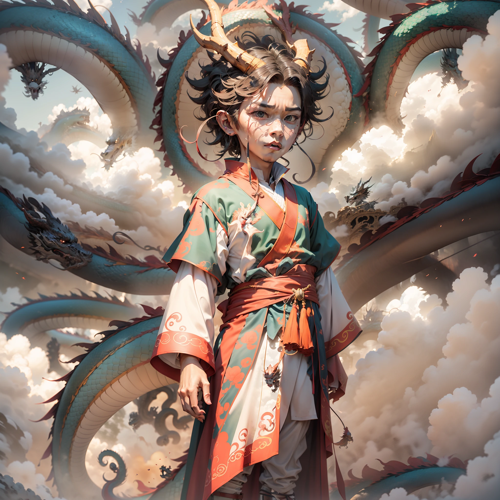 Han costume dress，The boy has two blue and white Chinese dragon horns on his forehead，Human faces，The face is slightly serious，Standing barefoot on the clouds