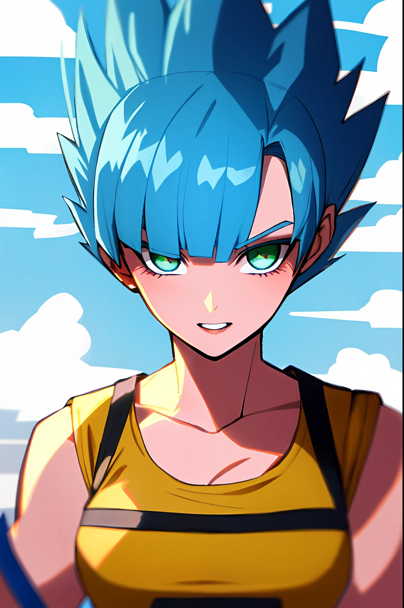 Bulma, Girl, brava, dano de batalha, cabelo azul, faixa azul, dentes cerrados, furiosa, olhos verdes, foco feminino, musculosa, girl musculoso, faixa, solo, cabelo espetado, super saiyan, dentes, pulseira rosa, ((obra-prima))