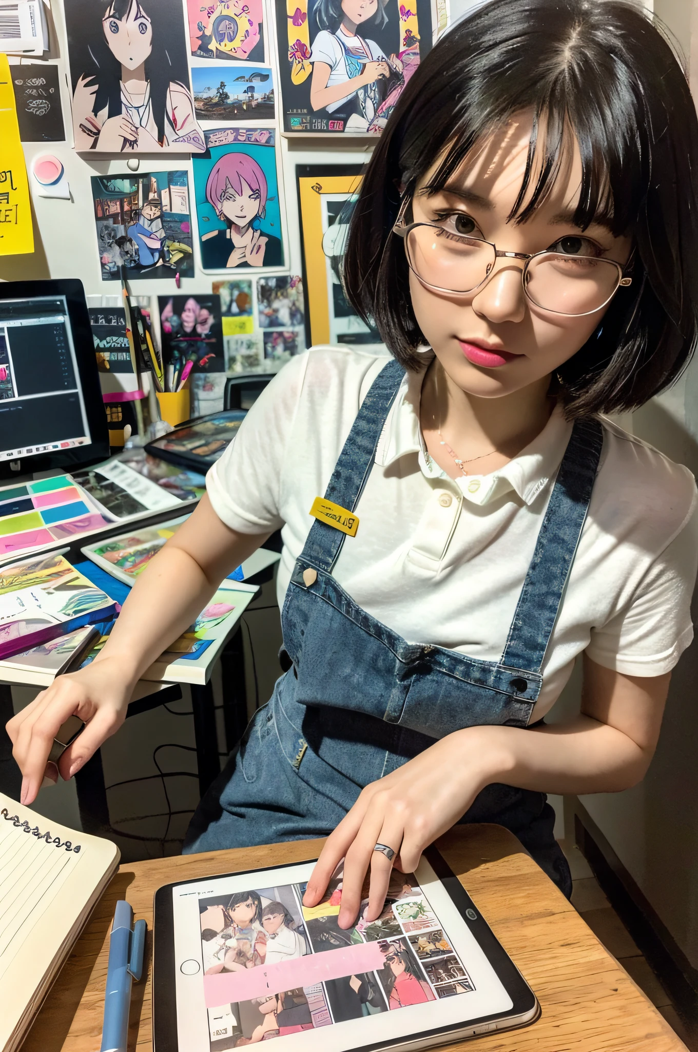 Japanese Manga Artist (Late 20th to Early 21st Century), A (pretty young woman:1.1) with black hair in a pixie cut, dark brown eyes, pale skin, petite, wearing casual, comfort-oriented (work clothes:1.2), often short, with a fabric apron full of pencils and markers, (glasses:1.1). She is nestled in a brightly lit studio, adorned with anime posters, colorful LED lights, piles of manga magazines, a digital drawing tablet, pens, sketchbooks, and inspirational figurines. The ambiance is creative and energetic.