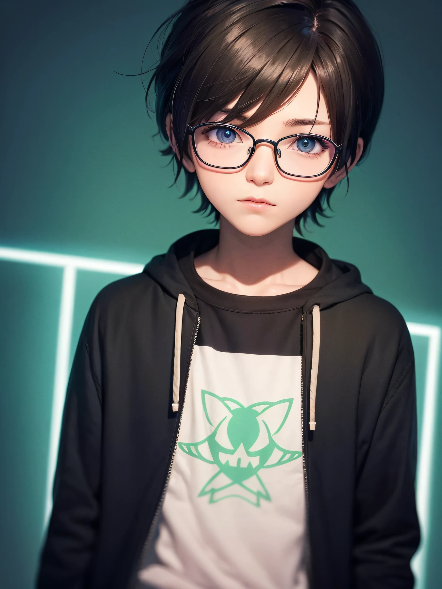 character, a skinny young man wearing glasses and sweatshirt, with dark hair, short hair, lighting details, anime-style with defined strokes, dark background with green lights, 8k, uhd, severe low lighting, high quality, --auto
