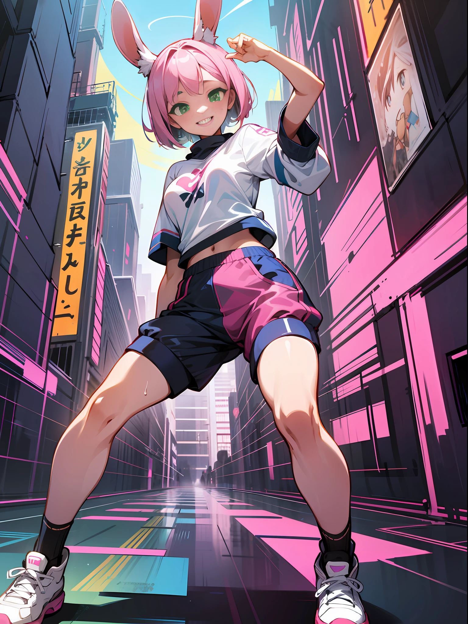 Master Masterpiece、super alta qualidade、Ultra detailded、Perfect drawing、Hi-Res、Solo、a whole body、a girl、Rabbit ears、Green eyes、Pink hair、bbw、Dance、hiphop、break dance、Buggy Pants、Short Bob、sneakers、round big buttocks、Blushed:(0.2)、Sweat、a dark tanned skin:(1.5)、smile on face、Clothing that sticks to the body with sweat、18 yrs old、Street、nightsky、dynamism、Dance、Shot from diagonally below、