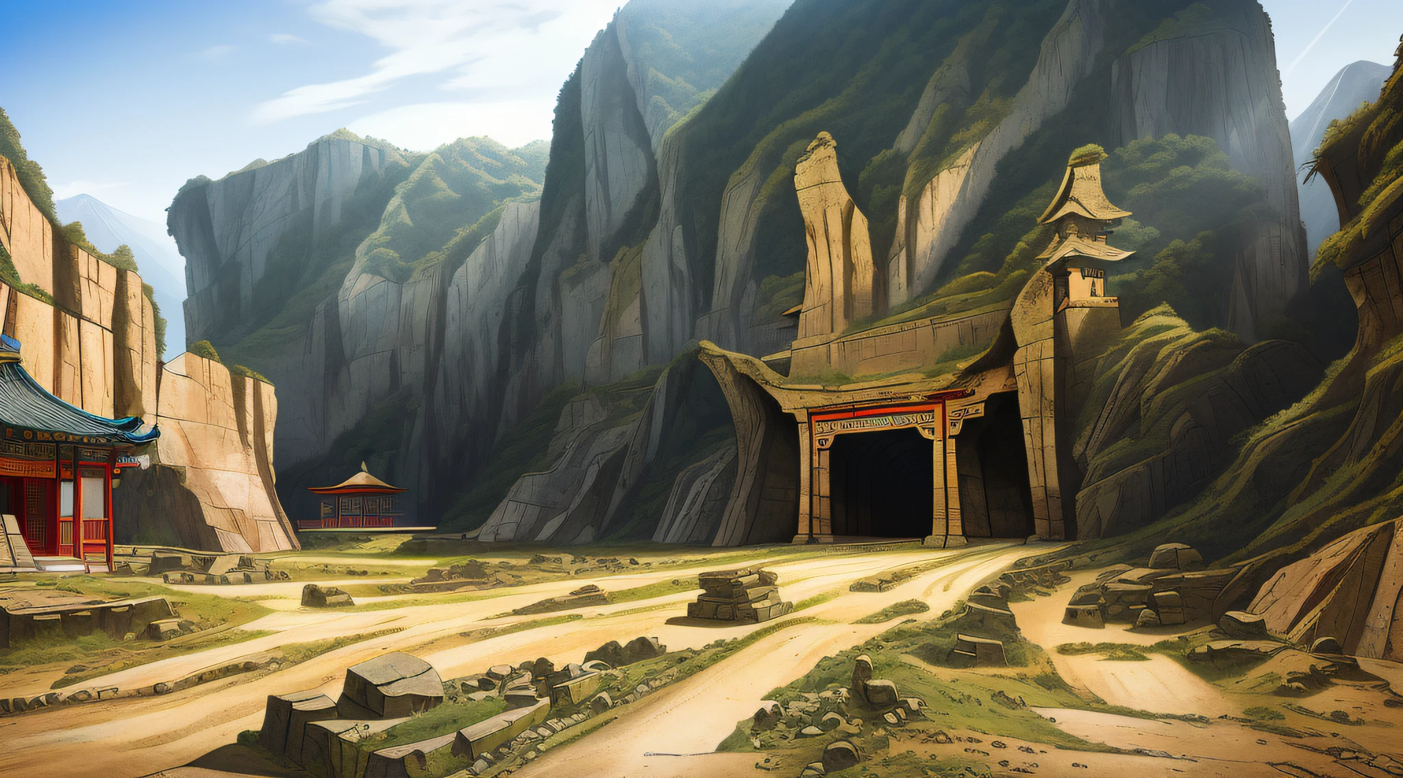 Ancient quarries,rocky environment, mining outpost,Mine caves,Ancient Chinese architecture