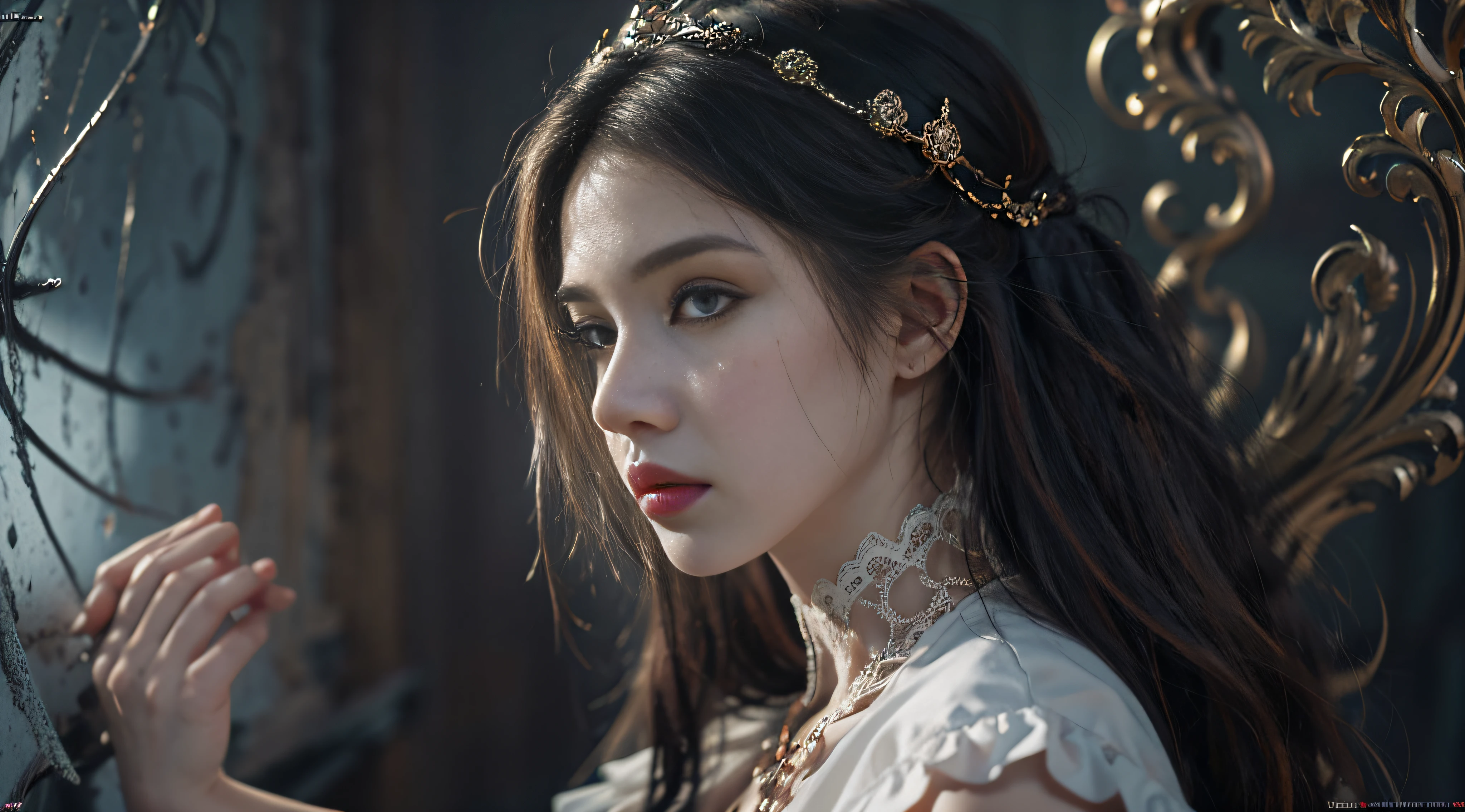 Official Art, Unity 8k wallpaper, ultra-detailed, beautiful, beautiful, masterpiece, best quality, dark, atmospheric, mystical, romantic, creepy, literature, art, fashion, victorian, decoration, intricate, ironwork, lace, contemplative, emotional depth, supernatural, 1 girl, solo, neck, bust composition