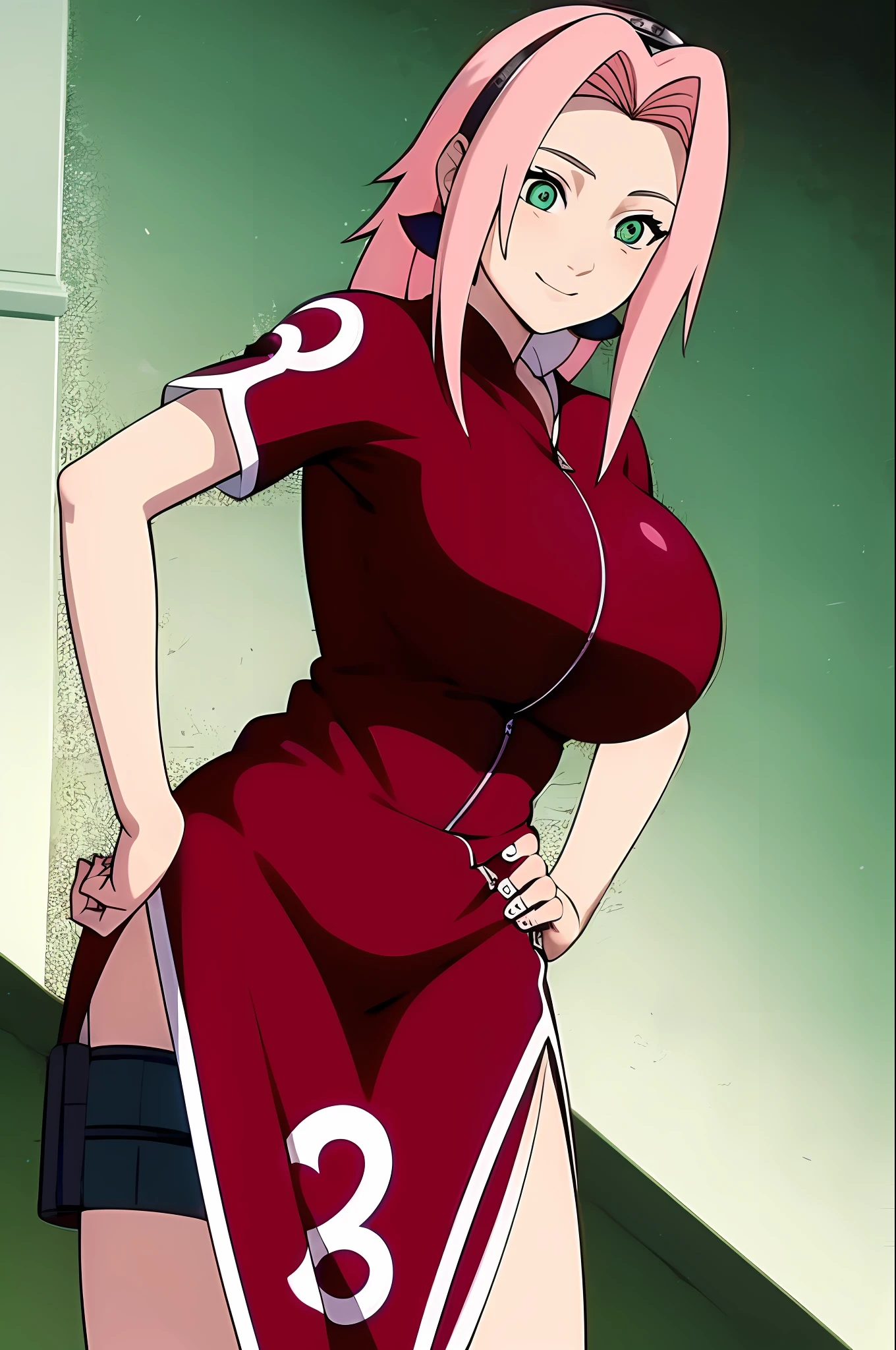 nmasterpiece, of the best quality, 1girls, sakura haruno, with pink hair, long haired, huge breasts green eyes, Forehead protection, Smile with, hands on hip, Giant tits