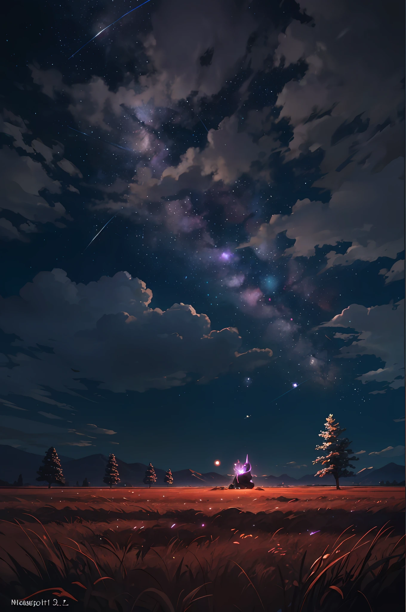 A wide photograph of the landscape，（pov from below，The sky is above，Empty fields below），A little girl sits on the grass and looks up，（fullmoon：1.2），（Meteor：0.9），（Starcloud：1.3），mountains in distance，Trees break the craft art，（warm lights：1.2），（glowworm：1.2），lamplight，Lots of purple and orange，Complicated details，Volumetric lighting BREAK（nmasterpiece：1.2）， （Best Picture Quality）， 4k， ultra-delicate， （dynamic compositions： 1.4）， Rich in detail and color， （Rainbow Color： 1.2）， （glowing with， Atmospheric lighting）， dreamlike， Magic， （独奏： 1.2）