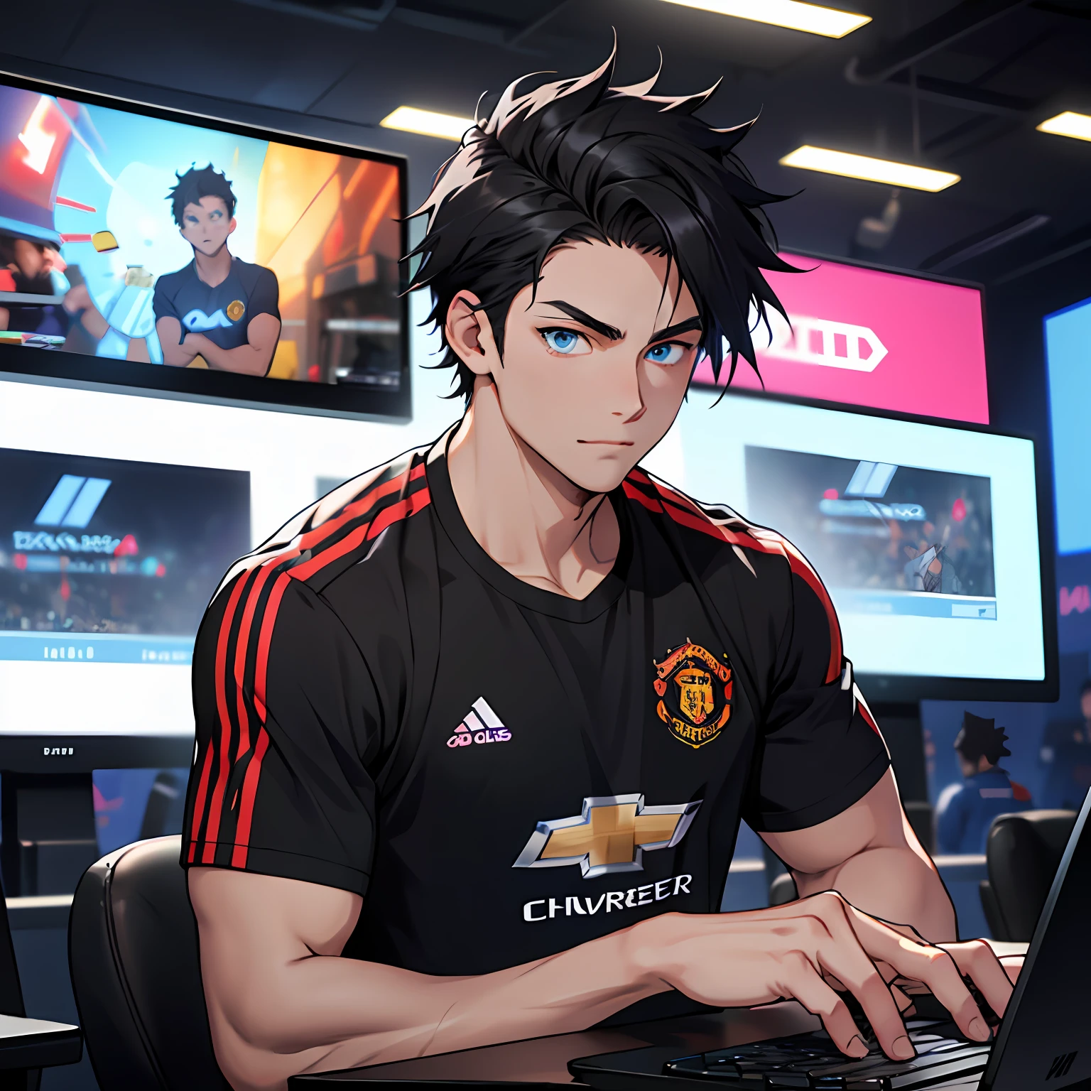 Best quality: 1.0), (Super High Resolution: 1.0), Anime boy, short black hair, blue eyes, working in front of computer , background in esports room, fan manchester united