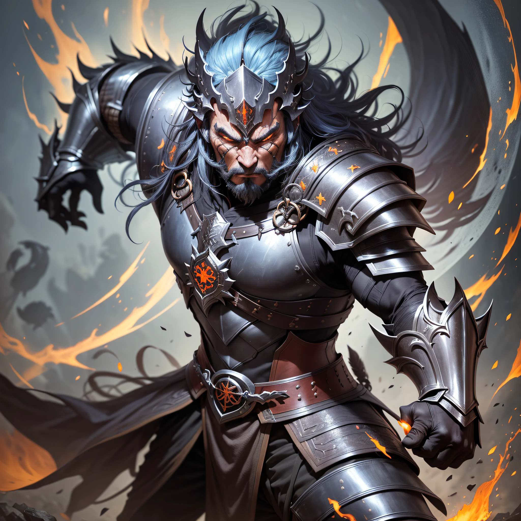 standing at about 2 meters tall. He has a dark and intimidating appearance, with pale skin and bright red glowing eyes. His hair is black and unkempt, falling defiantly over his face. Draven wears heavy armor made of dark metal plates and intricate details that give him an intimidating look. He wields a large two-handed sword with a sharp and blackened blade. Animation characteristics:Draven moves with wide and firm strides, conveying power and confidence. When at rest, he maintains an upright and proud posture. While attacking, he unleashes powerful and precise strikes with his sword, combining agility and strength. During movement, Draven displays a fluid and agile style, quickly adapting to changes in direction. Special abilities:Draven has the ability to merge with shadows, becoming practically invisible for a short period of time, allowing him to stealthily approach enemies or escape dangerous situations. He is also capable of conjuring bursts of dark energy, launching them at opponents to cause damage from a distance. Draven has an aura of fear that debilitates nearby enemies, reducing their movement speed and weakening their attacks. Personality:Draven is a dark and mysterious character, with an unyielding and determined personality. He is driven by vengeance and seeks justice for those oppressed by the forces of darkness. Despite his menacing appearance, he has a sense of honor and protects those who are weaker. Draven is calm and reserved, but when provoked, he reveals an unrelenting fury.((intricate details)), HDR, (intricate details, super detailed), cinematic shots, vignettes, 8k, ultra detailed