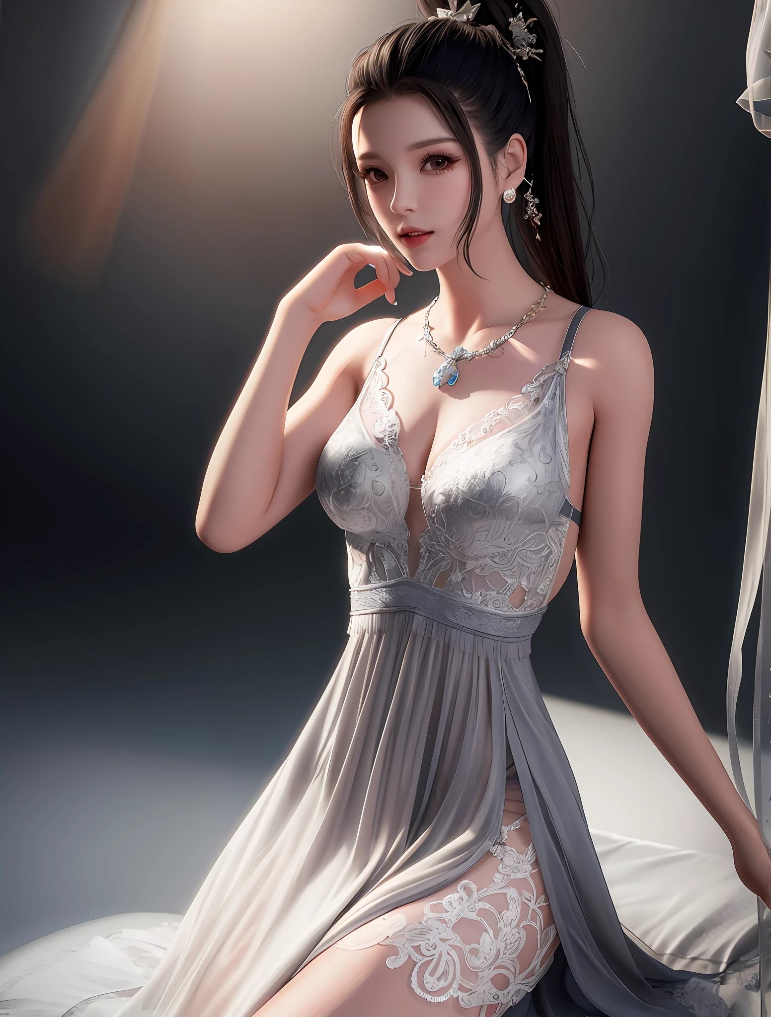 (OriginalPhotographs:1.2), ,(extremely lifelike:1.4), beautiful detailed girl, Long light gray hair, high resolusion, premier quality, (((royal)), ((sexy gown)), (See_Through)), ((pubic hair is transparent)), ((Sit,legs spreading,bent knees)), ((Complex details)), (See_ Through_Fabric)), a whole body, (((Petite and slender body))), Beautiful and delicate whole body, ((Emphasis room,)), (See_Through_tit)), (Bed room)), (The seductive pose emphasizes large breasts))),((laying on bed)),((Head pillow))