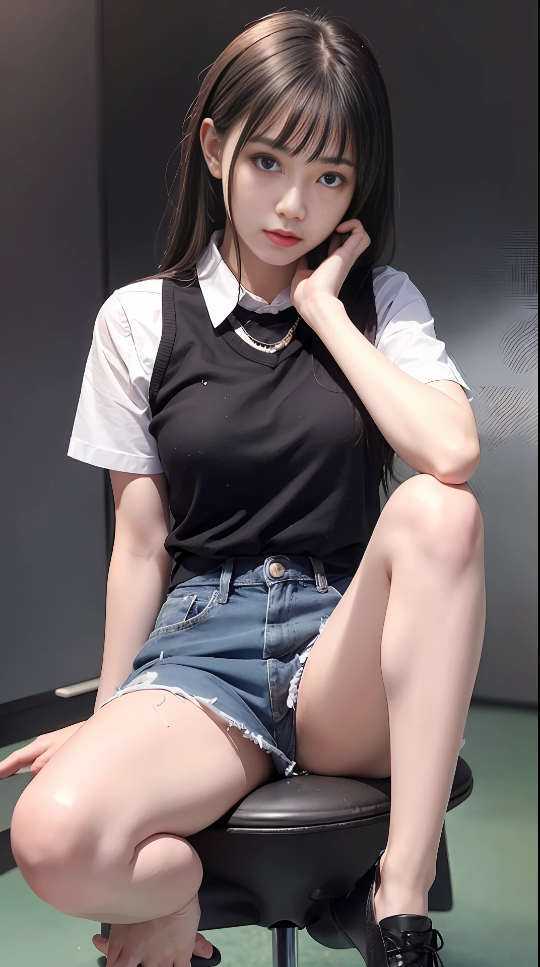 Realistic girl、Sitting on a chair with your knees upright、Knees aligned、Open your legs outward、The center of the pants is wet and stained、Woman sitting on chair with mobile phone, Cute School(64k、tk-char、Raw photography、HighestQuali、巨作:1.4)、(Realstic、photorealestic:1.37)、UltraHighResolution、photon maping、 Radio City、phisically-based render、Professional Soft Writing、