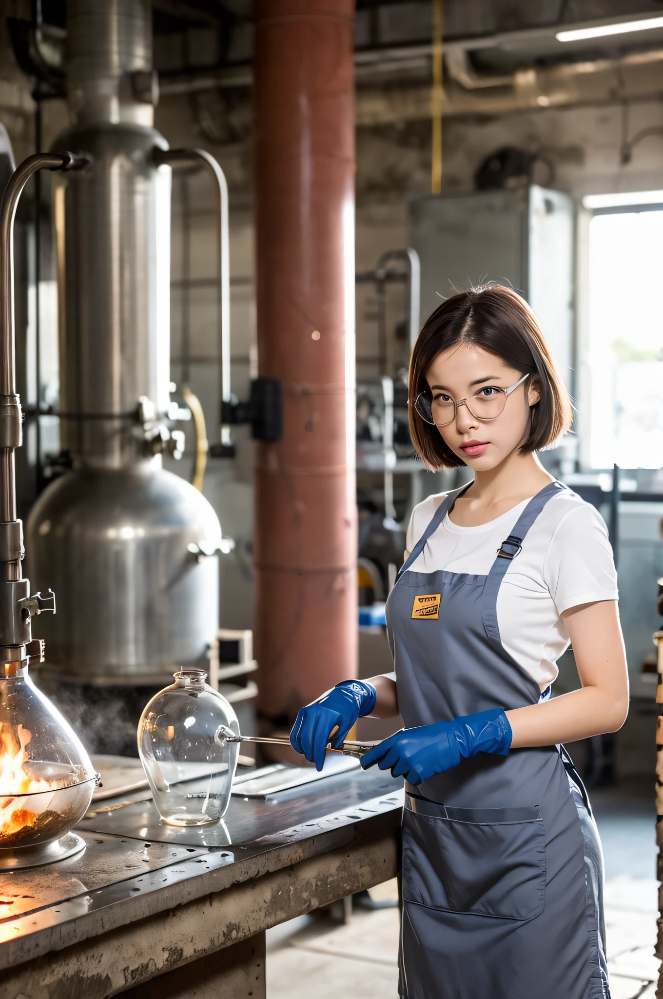 American Glassblower (Mid 20th Century): A (pretty young woman:1.1) with short red hair, blue eyes, fair skin, athletic build, wearing a simple, heat-resistant (work dress:1.2), often gray or black, with a heavy apron and protective gloves, (safety glasses:1.1). She works in an industrial glassblowing workshop, marked by the minimalist design elements of the time, with visible piping, metal tools, molten glass in a towering furnace, and a workspace filled with finished glass objects that capture and reflect the light.