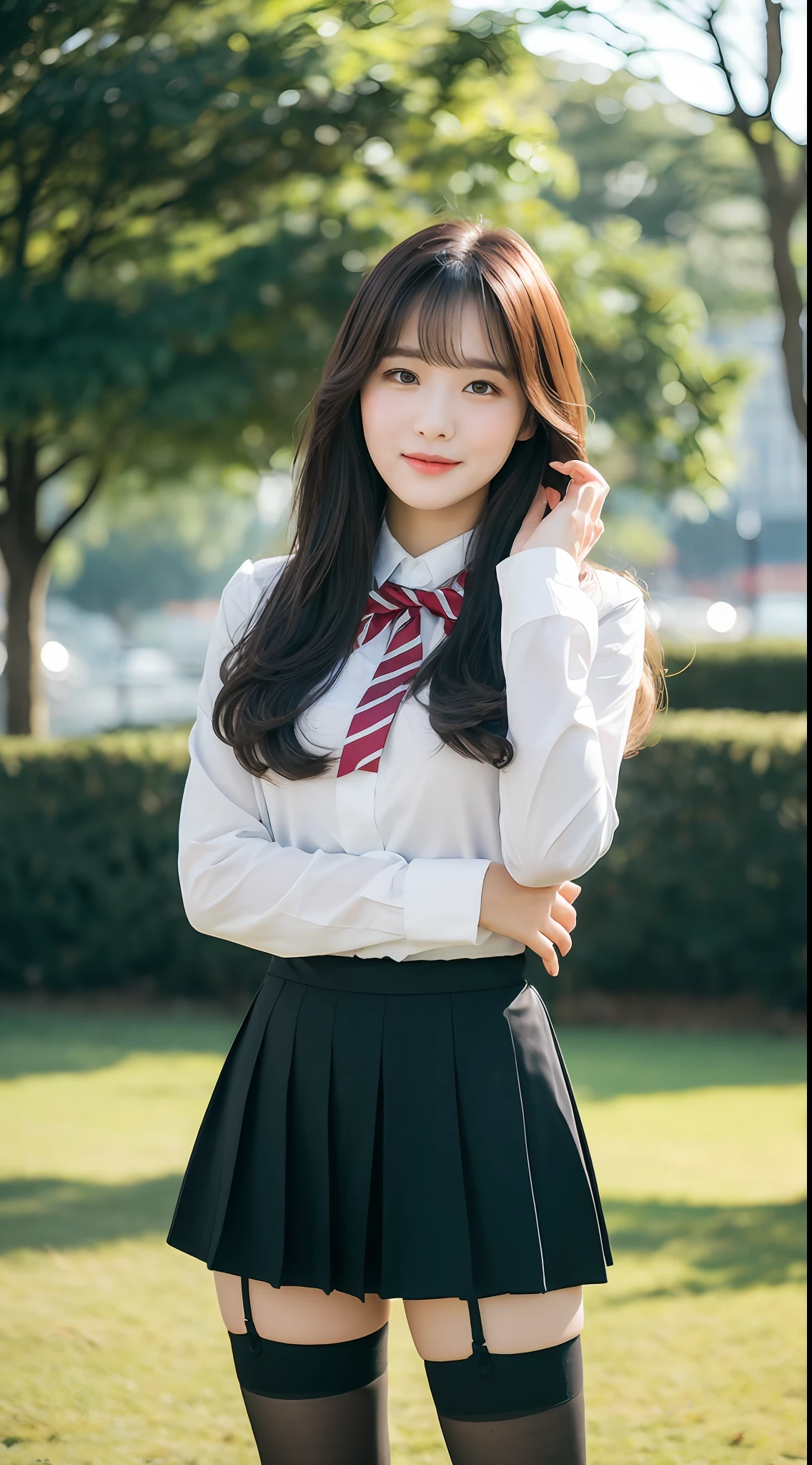 (1 Korean star with royal sister style), ((Best quality, 8K, 巨作: 1.3)), focal point: 1.2, Perfect body beauty: 1.4, (Smile), (Sunset: 1.3),  Watery eyes, highly detailed face and skin textures, Fine eyes, Double eyelids, Whitens the skin, (Long hair, Air bangs: 1.3), (Round face: 1.5), (Uniform: 1.4), (Stand in the park: 1.6),(Black stockings: 1.4),(film grain style:1.3)，a sense of atmosphere