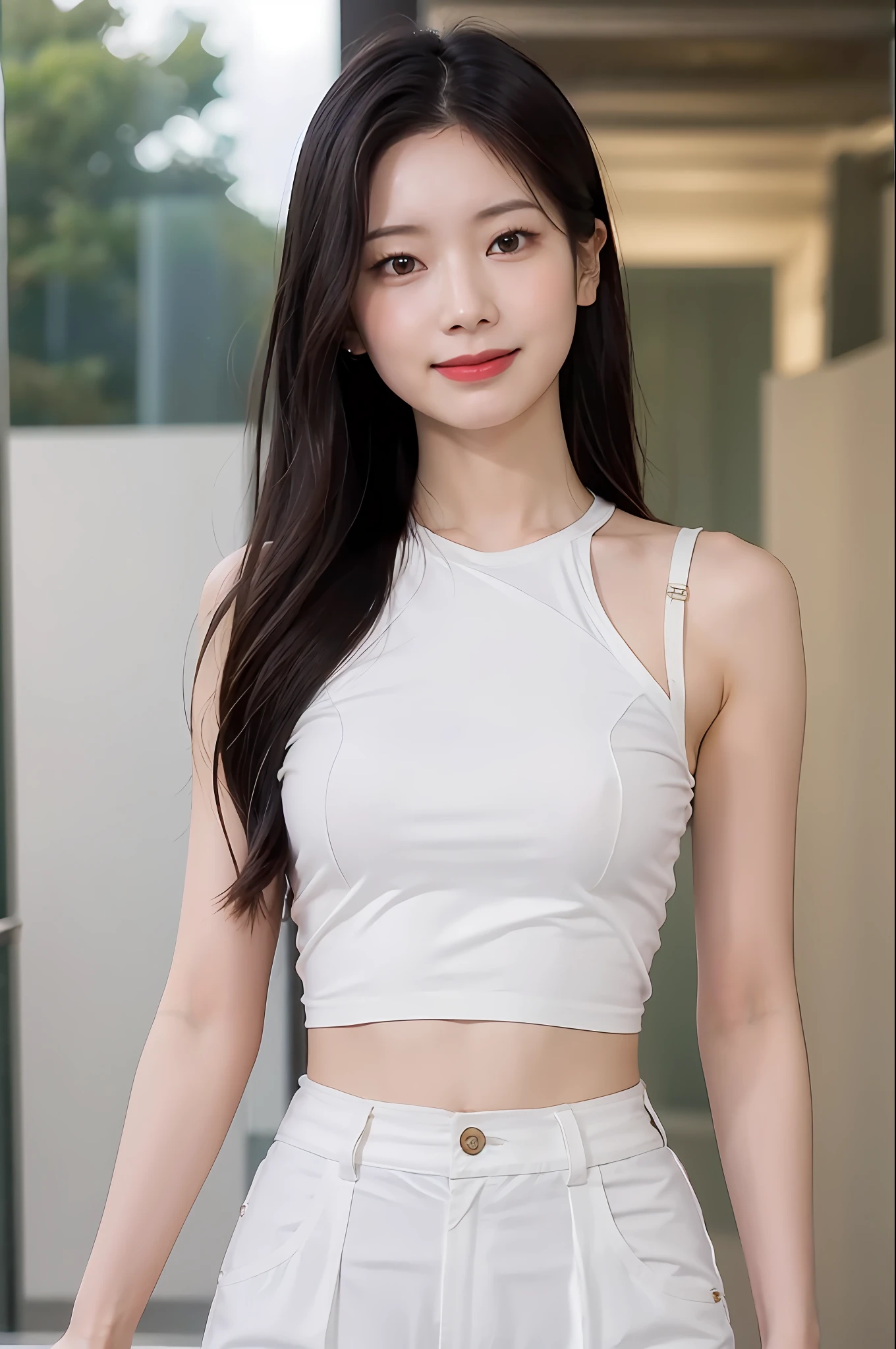 (surrealistic),, (highly resolution), (8K image quality), (intensely detailed), (best photos), (Beautiful detailed eyes), (Top Quality), (ultra detaild), (巨作), (details face), 独奏, 1girls, Korea person, , Loose white shirt, Yoga pants,, Long legs, Tight abs, camelstoe, dinamic pose、smile on face