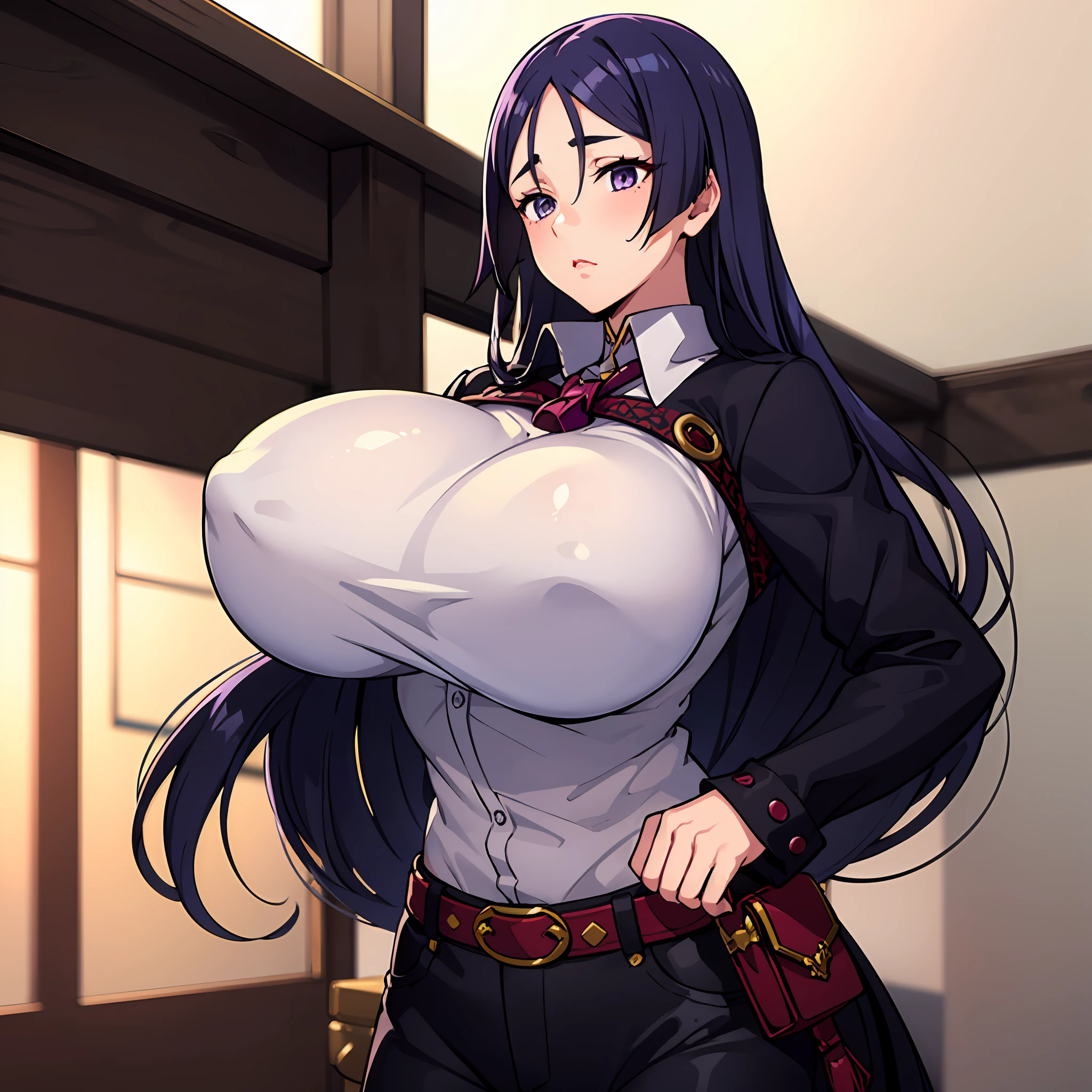(solo:1.4), (1girl:1.4), Minamoto no Raikou, standing, in collared shirt wearing, (huge breasts:1.3)