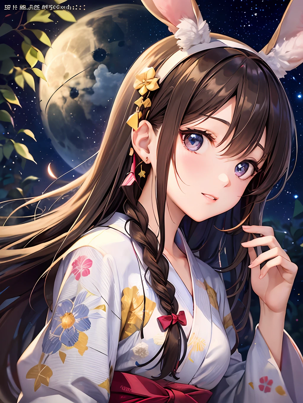 high picture quality、highly resolution、Masterpiece、 24 years old、Dark brown hair color、Golden Ratio Face、9 life female、Watching the viewer、perfect anime illustration、Rabbit ears、Rabbit ear hairband、Landscapes with depth、the night sky、fullmoon、Star Effect、Light Effects、Cute yukata!Carefully braided hair、
