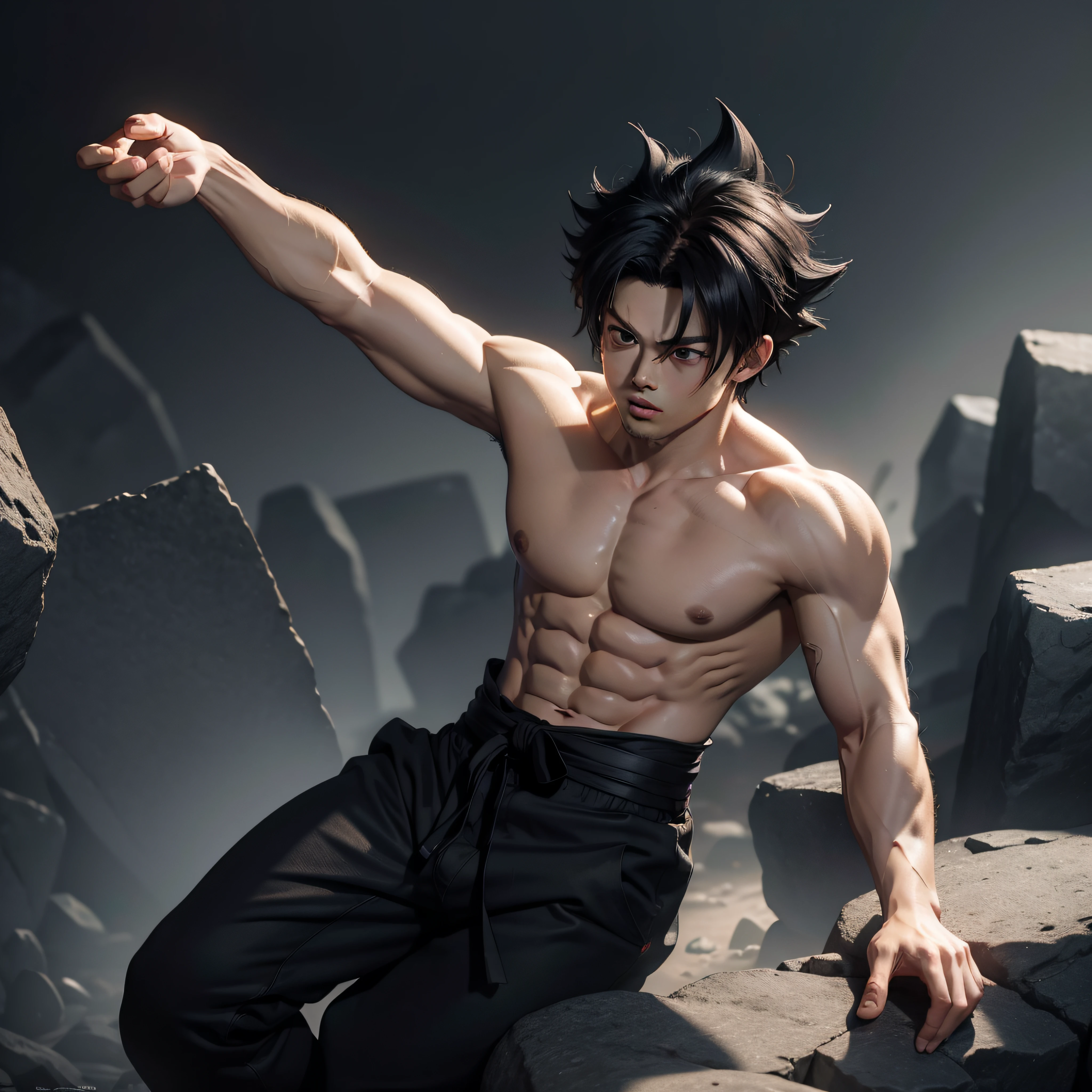 son goku, 1boy, closed mouth, male focus, muscular, muscular male, rock, sash, serious, solo, spiked hair, topless male, torn clothes, ultra instinct, black eyes, black hair, ((masterpiece))