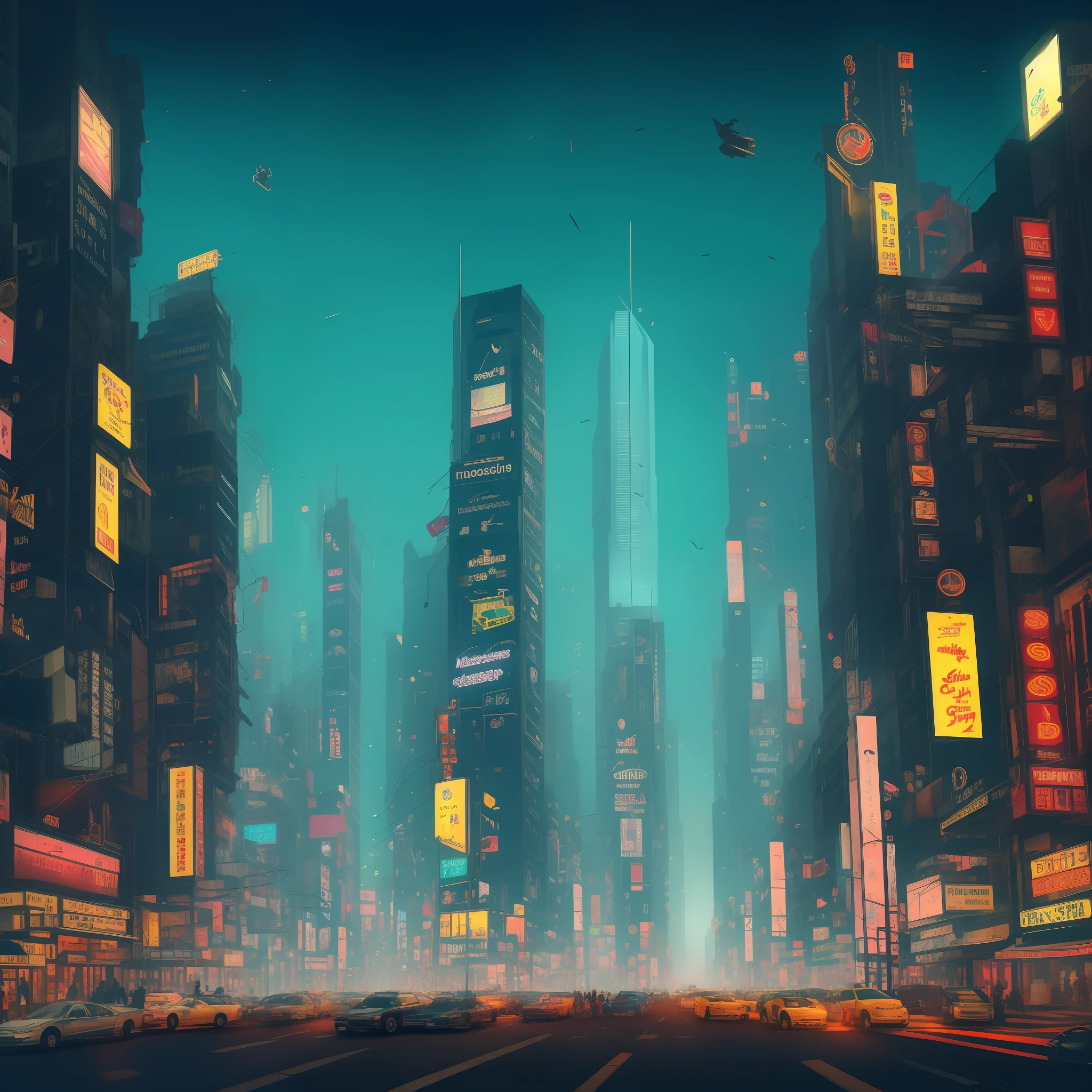 (breathtaking), sci-fi city background, best quality, ultra-realistic, a bustling metropolis filled with glittering skyscrapers and neon lights, flying cars, sleek and futuristic architecture, vibrant colors, bustling crowds, shadowy alleys, towering corporate logos, bustling street markets, bustling cyberpunk cityscape.