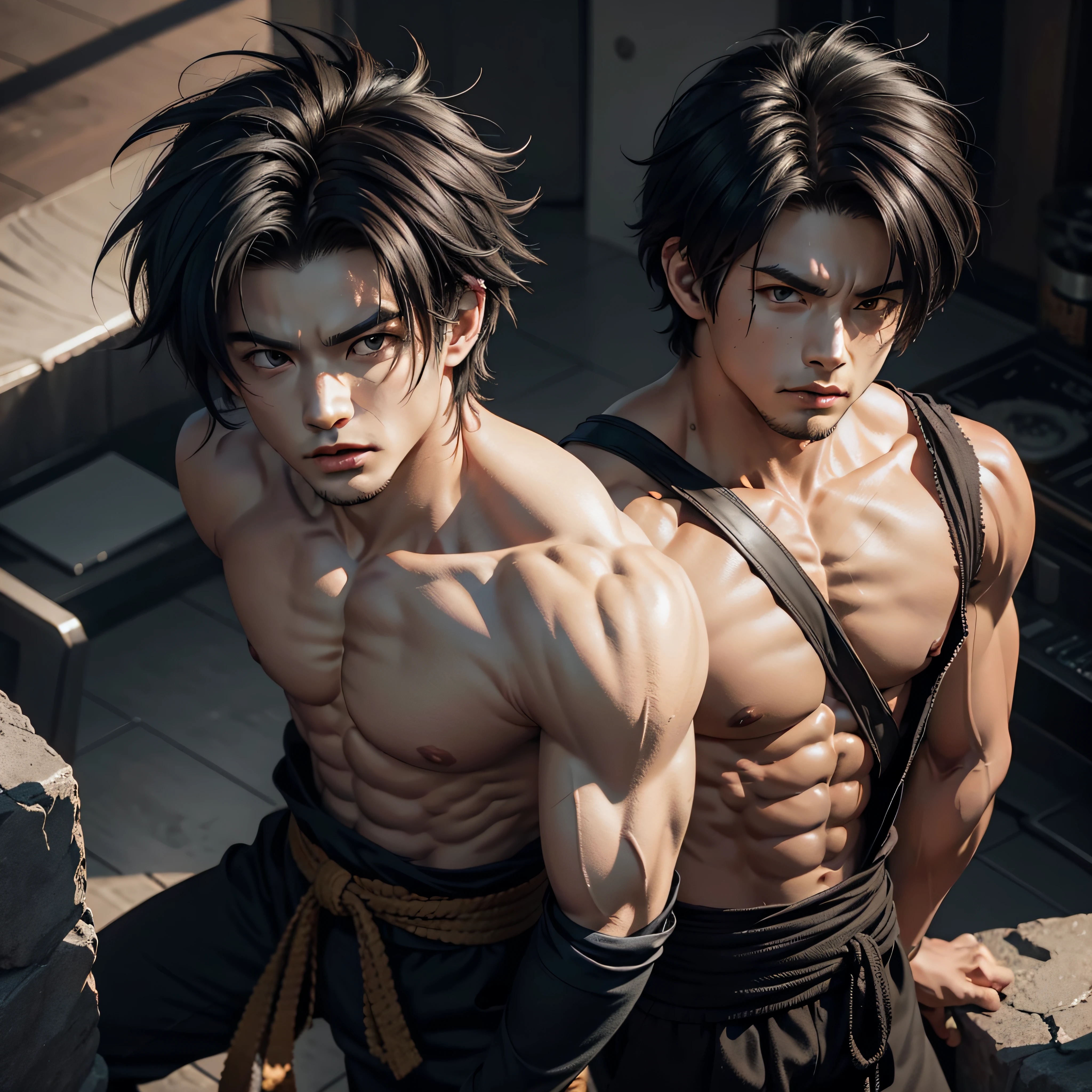son goku, 1boy, closed mouth, male focus, muscular, muscular male, rock, sash, serious, solo, spiked hair, topless male, torn clothes, ultra instinct, black eyes, black hair, ((masterpiece))