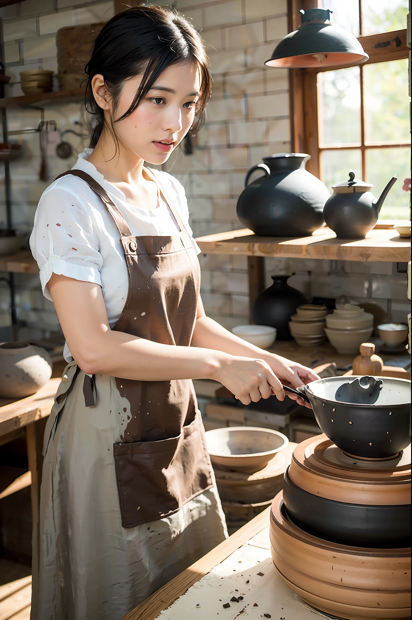 A (pretty young woman:1.1) with short, bobbed black hair, almond-shaped brown eyes, fair skin, wearing a linen (work dress:1.2), splattered with clay, with a leather apron, (potter's wheel:1.1). She is in a serene pottery studio with shelves lined with beautifully finished ceramics, piles of raw clay, a pottery wheel, and a kiln humming in the corner.