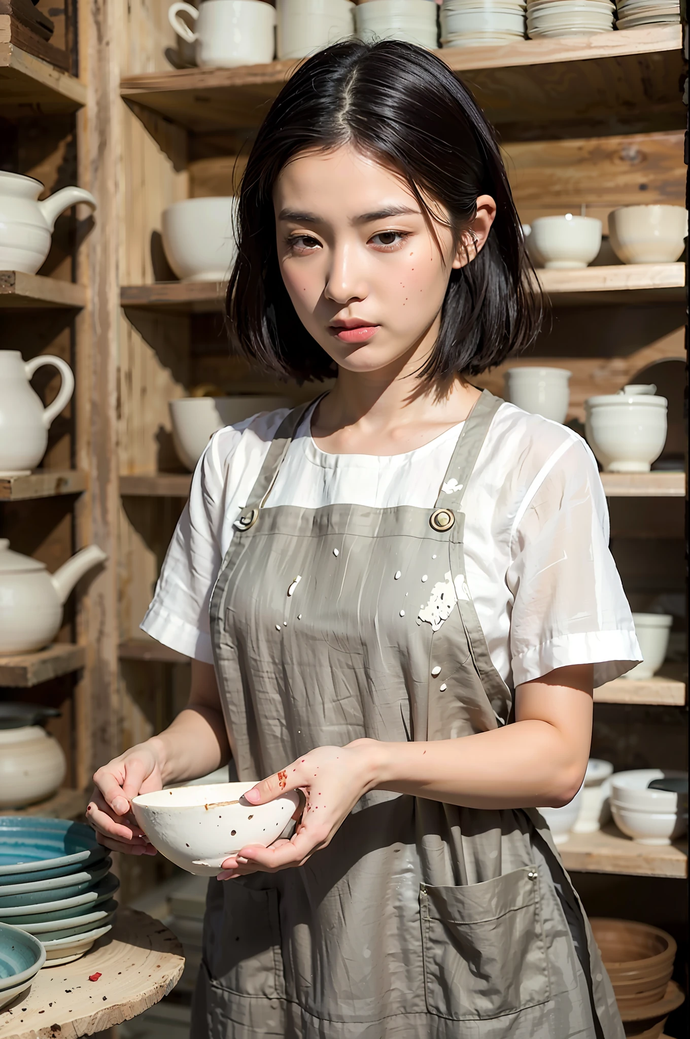 A (pretty young woman:1.1) with short, bobbed black hair, almond-shaped brown eyes, fair skin, wearing a linen (work dress:1.2), splattered with clay, with a leather apron, (potter's wheel:1.1). She is in a serene pottery studio with shelves lined with beautifully finished ceramics, piles of raw clay, a pottery wheel, and a kiln humming in the corner.