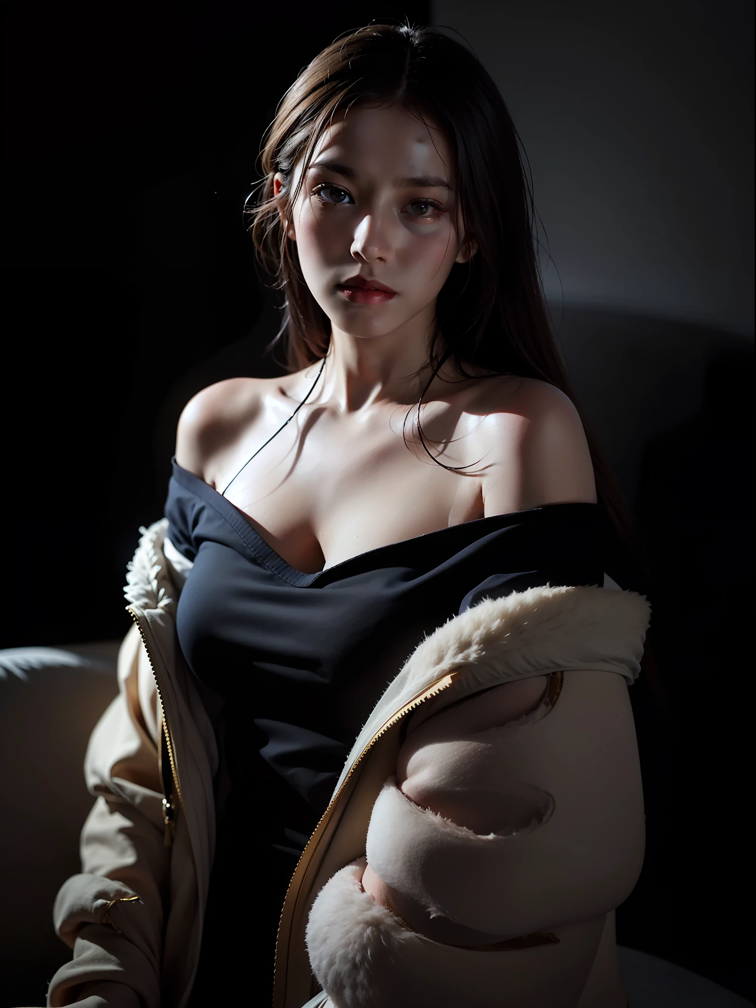 Best quality, masterpiece, ultra high res, (photorealistic:1.4), raw photo, 1girl, offshoulder, in the dark, deep shadow, low key, cold light