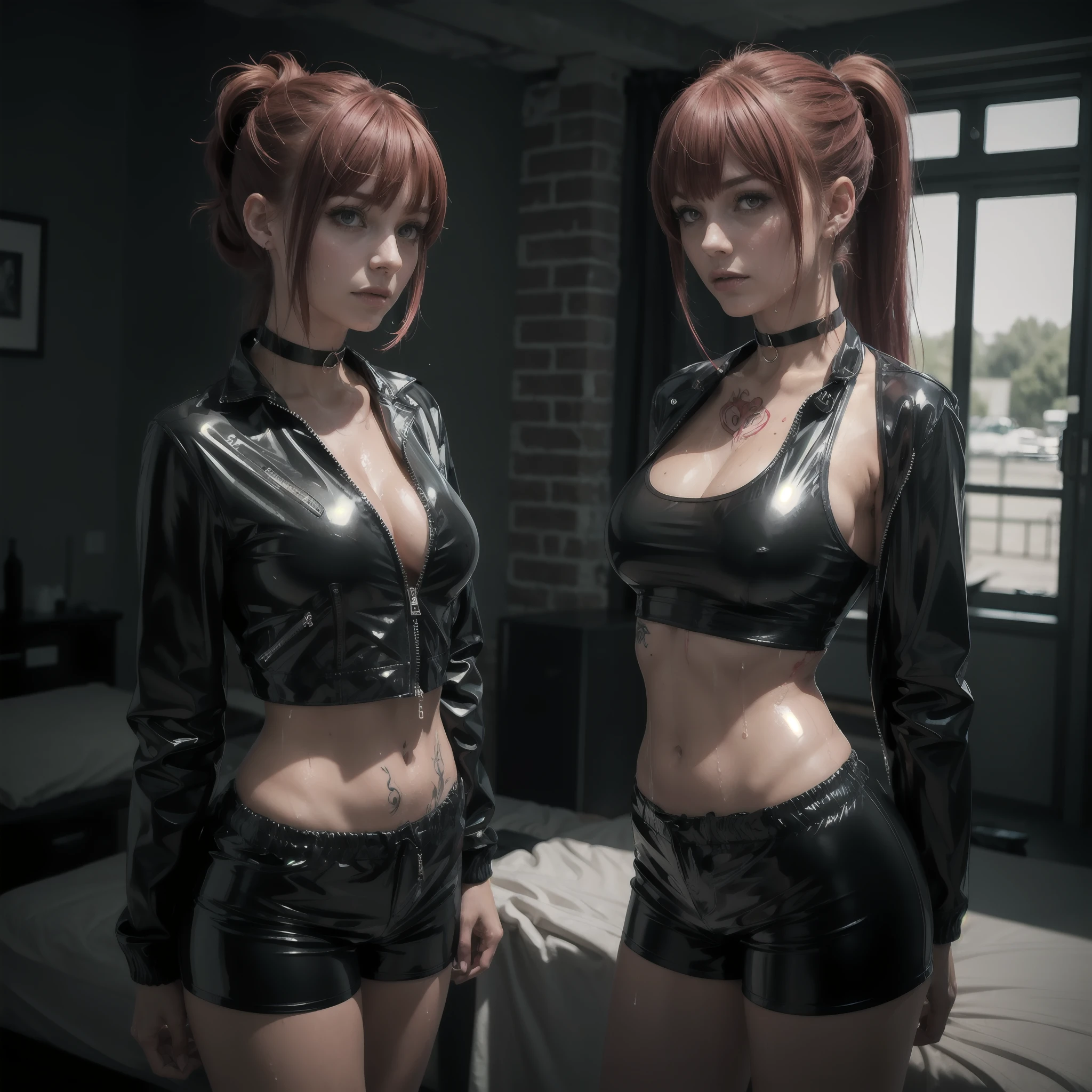 Red-haired girl from Europe (Evil gloomy)), Hair gathered in a ponytail, Long bangs(tail, Long bangs), Extra short latex shiny jacket, latex shorts, Latex jacket very short, Choker, black short tank top, wet clothes, SFW, A lot of blood, a lot of tattoos on the body ,There is one girl in the frame, Dark and gloomy atmosphere, Realistic light, sporty figure, Sweat runs down the body, middle breasts