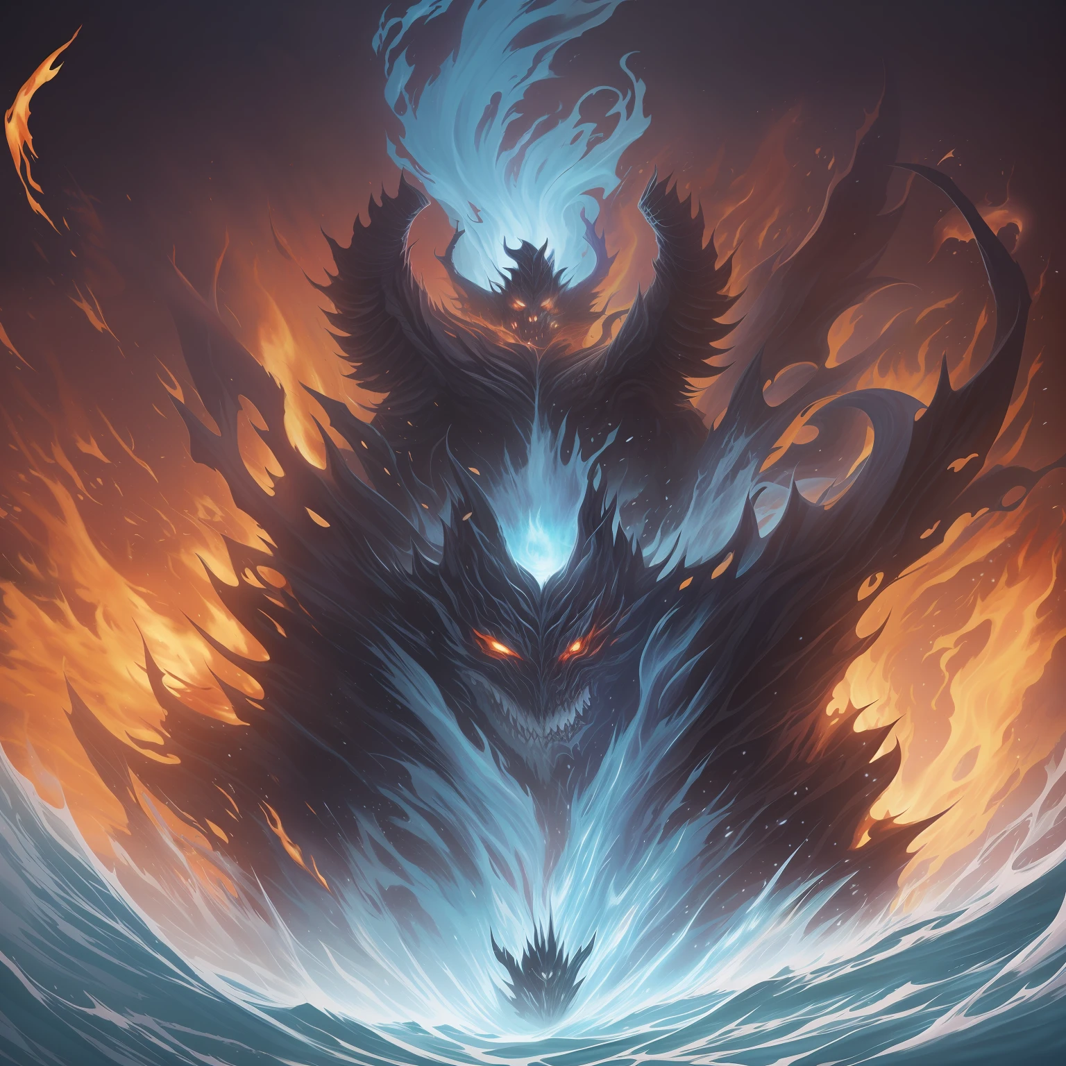 Painting style:terror
Lens effects:The movements are violent,High tension
Lighting effects:darkness,A flame that condenses energy
Body:Gandalf,White robes,Glacier Snow Melting Stick,waves of energy,The movements are violent,The expression is serious;Abyss Demon,Red pupils,Sharp fangs,Surrounded by flames,Explosive energy,Has magical natures
scenario:War scenes,Gunsmoke fills,The demon world and the fire of the abyss are intertwined,A fierce wind burning with energy swept through,The atmosphere is intense,spine-chilling