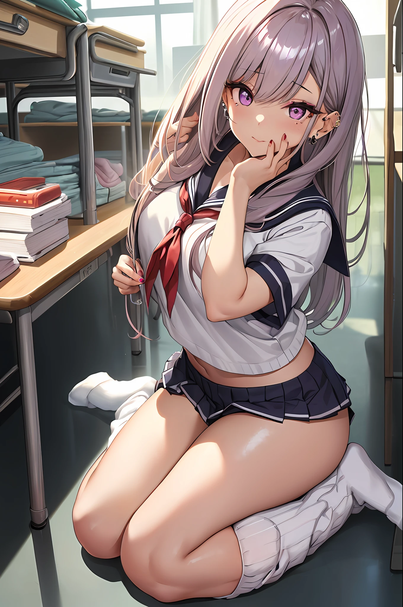 A masterpie, Sharp focus, Delicate Beautiful Hair and Eyes and Face, Realstic, 超detailded, One woman、Kogal,Good style, somewhat larger breasts, Thin leg,thin-waist,skinny thigh, ((wariza)),Smart body,Long straight hair、clong legs、Emphasize your feet、sexy facial expression、Indoors、schools、Dynamic Hair、Long straight hair、Detailed silver hair、Inviting look,Pink eyes、(Sailor suit with short sleeves、Micro Mini Skirt:1.5、preated skirt、Purple shiny pants)、tucking up the skirt、sandal、White Skin Skin、red nail polish、Long nails、piercings、mole under the eye、((gals、Thick makeup:2.0、Long lashes、erotick))、(((Thick white knee-high loose socks:1.8、tiptoes))、Perspective from above