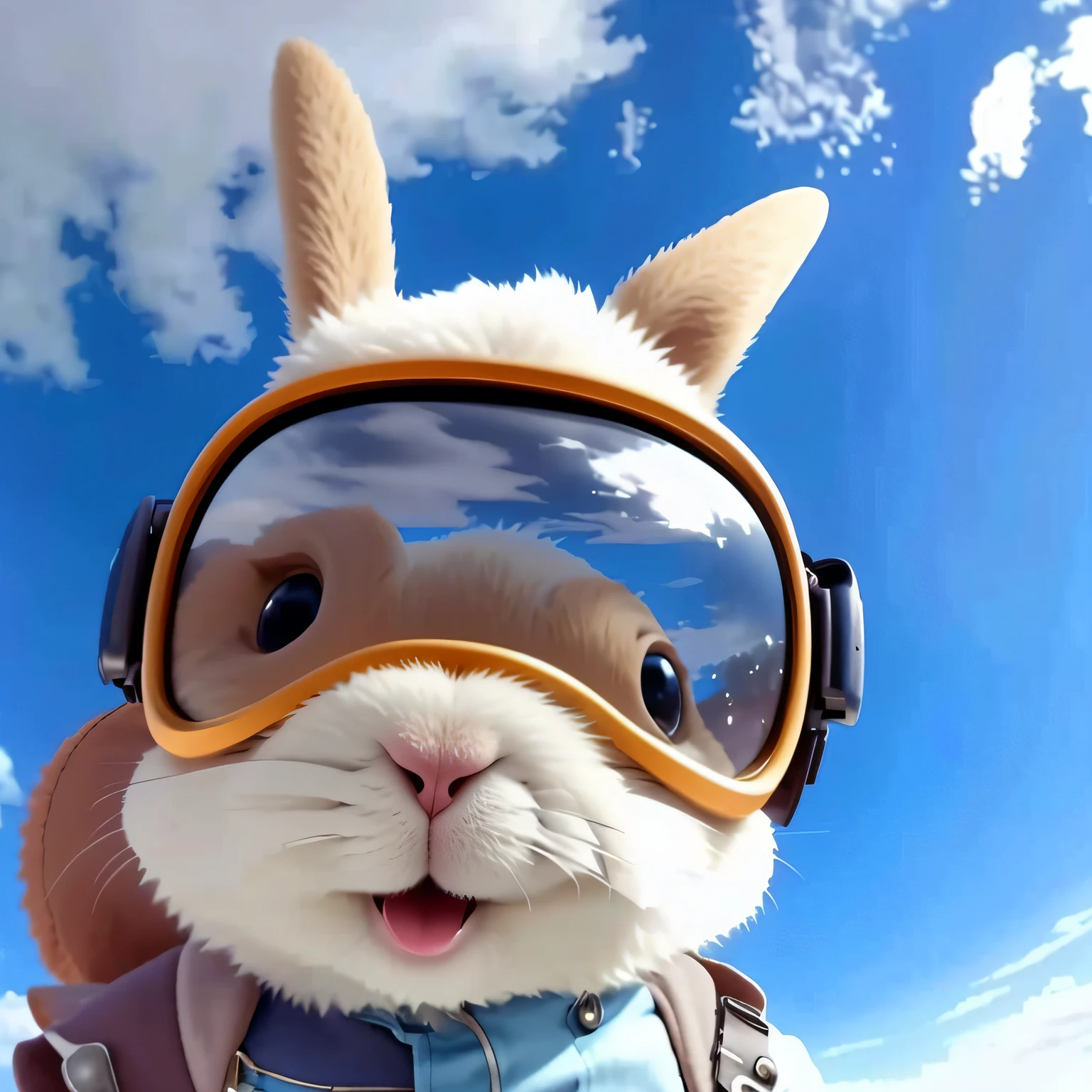 arafly dressed rabbit wearing goggles and a helmet on a sunny day, rabbit shaped helmet, electrixbunny, edgBunny_charactor, bunny suit, anthropomorphic rabbit, wearing a bunny suit, looking up at camera, cute anthropomorphic bunny, rabbit, bunny with helmet and sword, looking up at camera, Awesome, high fov