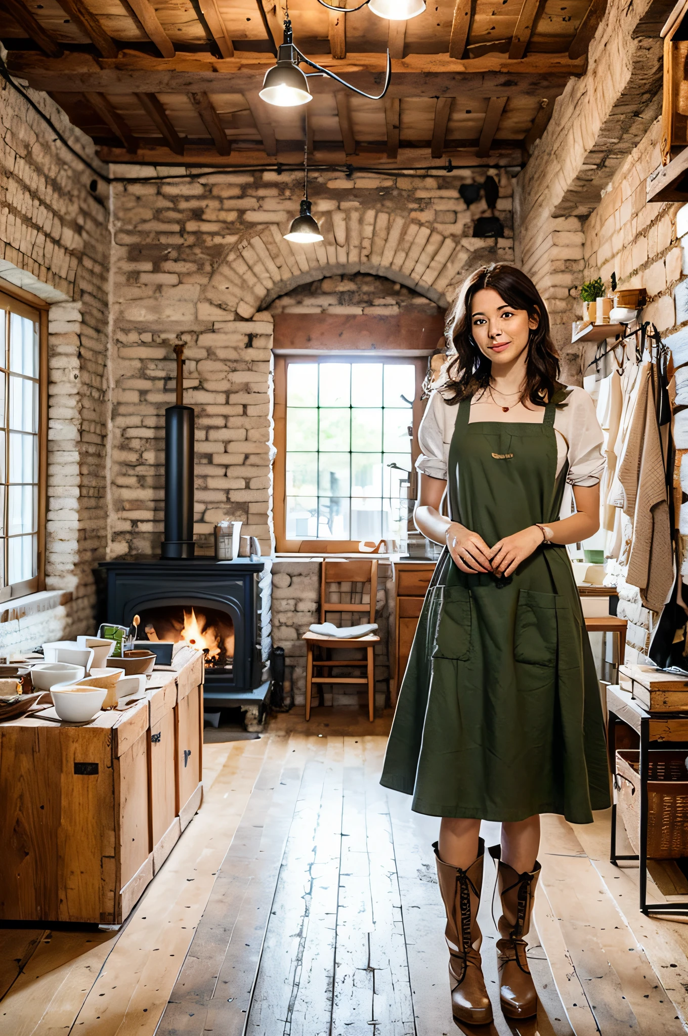 Italian Ceramic Artist (Early 20th Century): A (pretty young woman:1.1) with curly dark brown hair, sparkling brown eyes, olive skin, petite, wearing a simple, earth-toned (work dress:1.2), often with an artist's apron, and sometimes a necklace with ceramic beads, (high boots:1.1). She finds herself in a charming ceramic studio, adorned with rustic wooden furniture, artful wall tiles, a crackling fireplace, blocks of clay neatly stacked on a massive wooden table, and a traditional kiln in constant operation.