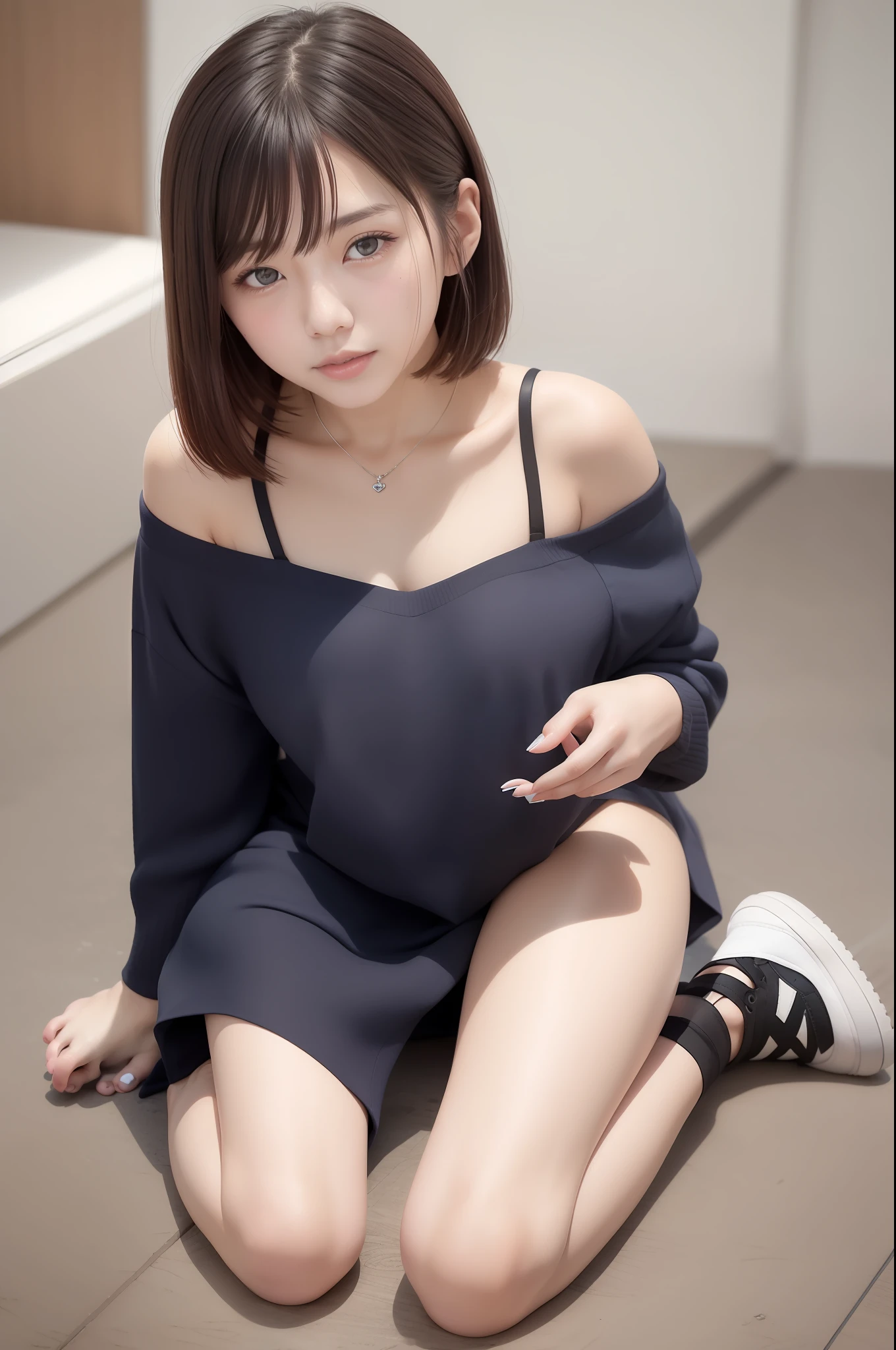 s summer clothes beauty woman Japanese people 20's sitting on Sneakers for bare feet Hairstyle is bob Like gravure Like the photo