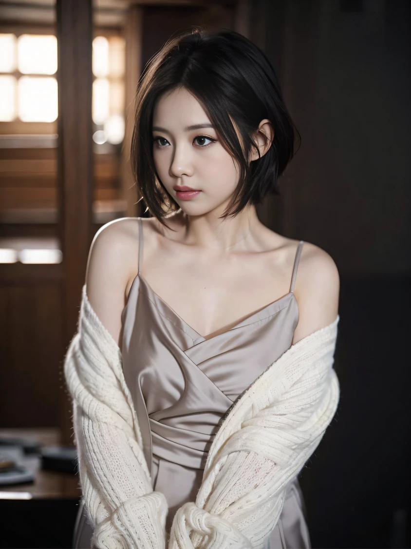 ,巨作, 品质最佳,8K, The ultra-great resolution,cinematic lighting,(beautifuleyes:1.1), ((Medium view)),beauty woman,Short hair,Side Body,Slightly fat,Shy