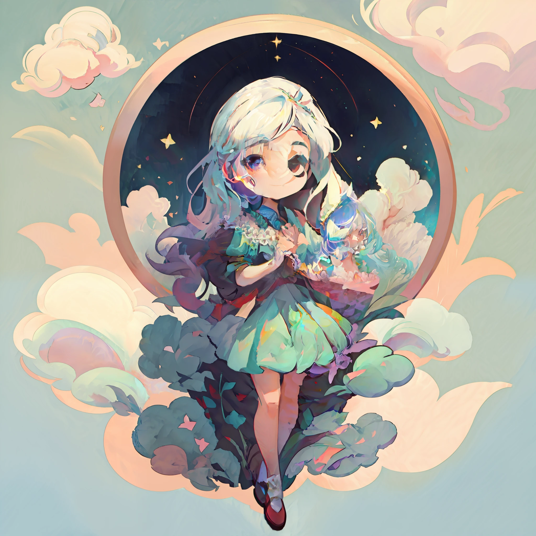 Chica de anime con pelo largo y blanco y vestido azul sosteniendo un gato, Lindo estilo de arte, Lindo arte digital detallado, Estilo de arte Loish, Amy Sol al estilo de, Diosa de las nubes, blonde girl in a cosmic dress, Loish Van Baarle, anime style illustration, anime fantasy illustration, a beautiful artwork illustration, Nubes de chicas, anime girl with cosmic hair, dreamy illustration