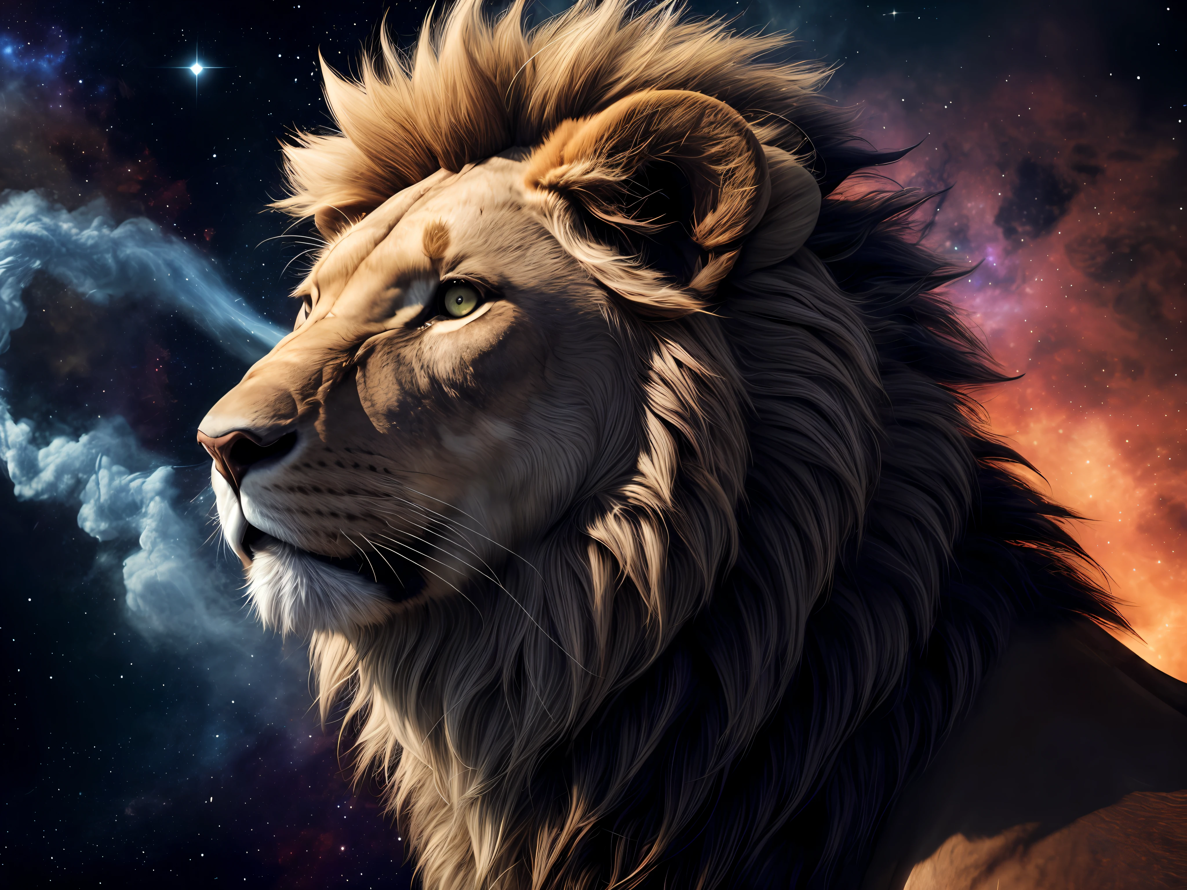 Galaxies, spirals, space, nebulae, stars, smoke, iridescent, intricate detail, in the shape of a lion, octane render, 8k