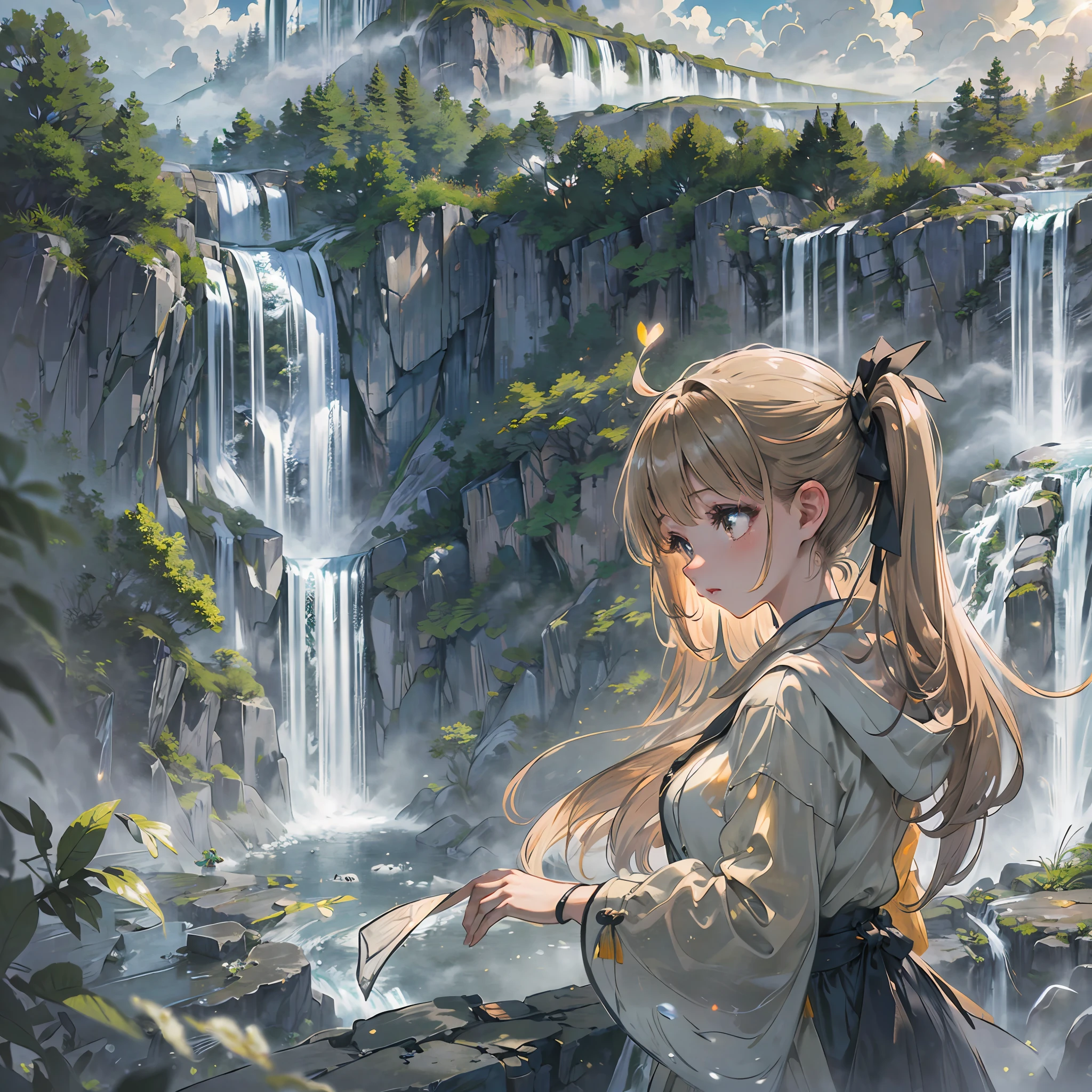 (award winning 64k concept art:1.3) of (young woman looking down at the waterfall of clouds:1.3), close to camera, sweet, front, epic, (masterpiece:1.4), (best quality:1.4), Amazing, beautiful, finely detailed, (Depth of field:1.4), extremely detailed 64k, fine art, stunning, (light reflections:1), (crisp:1.6), twin tails, vibrant, (edge detection:1.4), absurdres, impressive, 120mm, clear, lens flare, wide shot, wide angle, dreamy, colorful