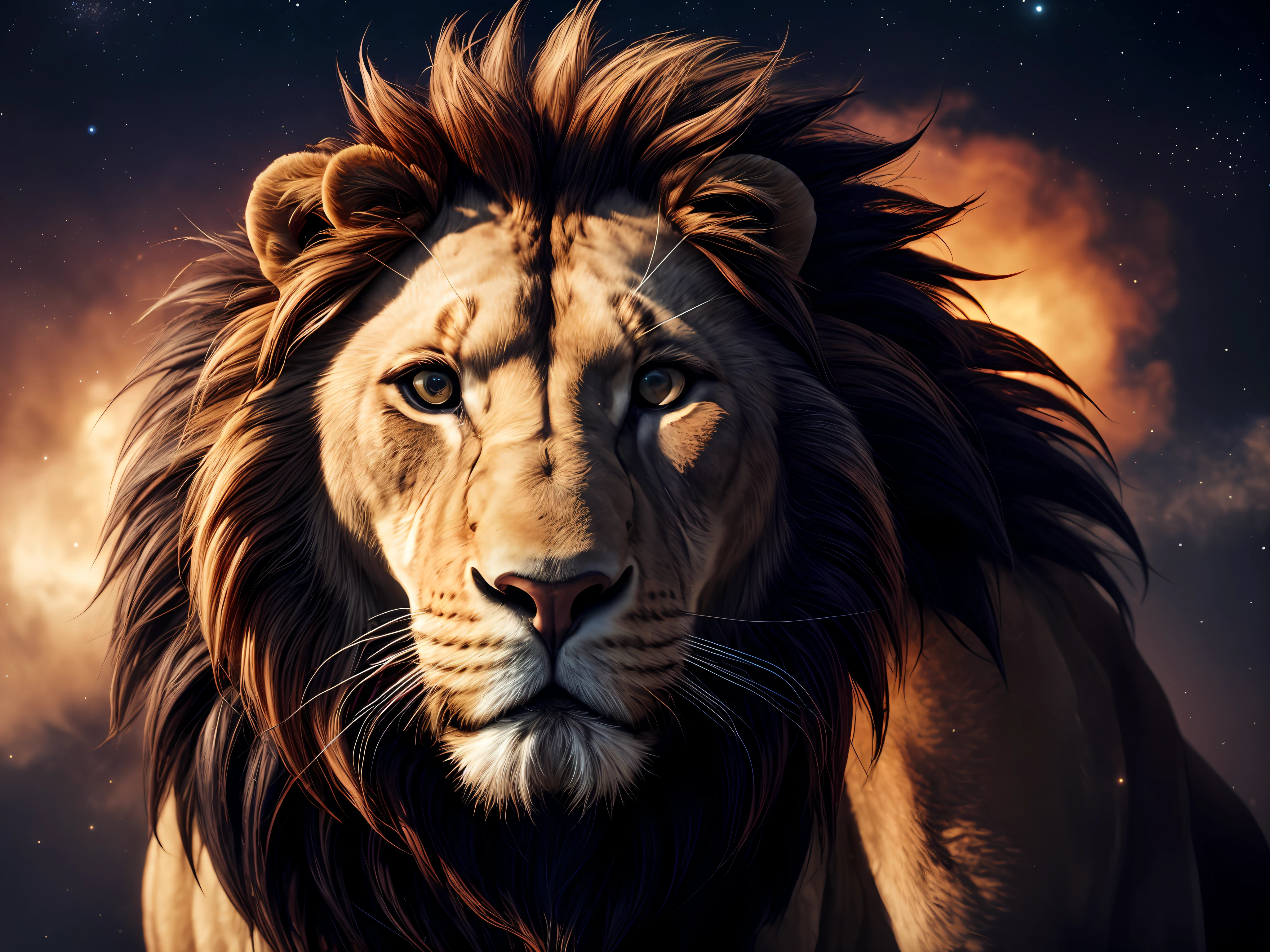 Galaxies, spirals, space, nebulae, stars, smoke, iridescent, intricate detail, in the shape of a lion, octane render, 8k