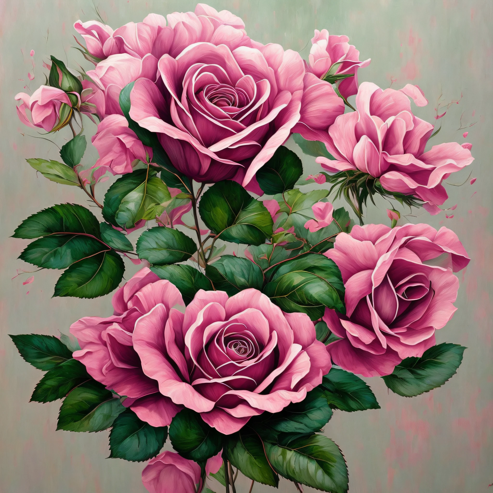um close up de uma pintura de uma rosa rosa com folhas verdes, rose twining, arte perfeita finamente detalhada, Belas artes altamente detalhadas, arte altamente detalhada, detalhes intrincados hiperrealistas, multi-layered artworks, giant mechanical rose, beleza intrincada, arte extremamente detalhada, arte deslumbrante, enquadramento impressionante, arte intrincadamente detalhada, Intrincado, arte em papel em camadas --auto