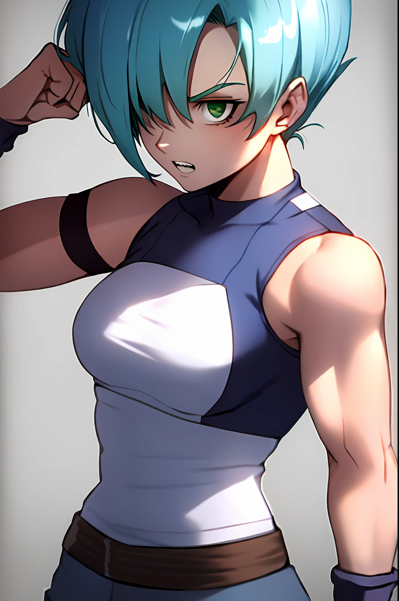 Bulma, Girl, brava, dano de batalha, cabelo azul, faixa azul, dentes cerrados, furiosa, olhos verdes, foco feminino, musculosa, girl musculoso, faixa, solo, cabelo espetado, super saiyan, dentes, bandages on the arm, ((obra-prima))