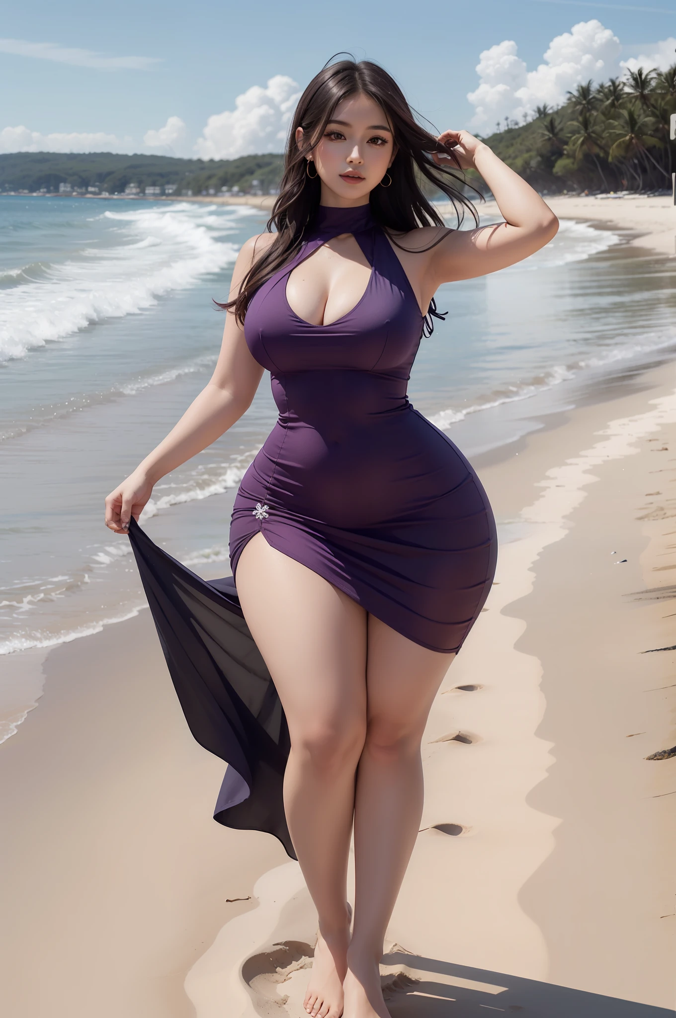 xxappe in a purple dress on a beach, perfect face, tight dress, thicc, distant full body view, big booty, highly realistic.skinny waist and thick hips, waist - shot, sexy dress, curvy hourglass figure, at a beach, hourglass figure, best quality, full body, one girl, solo shot, solo girl.