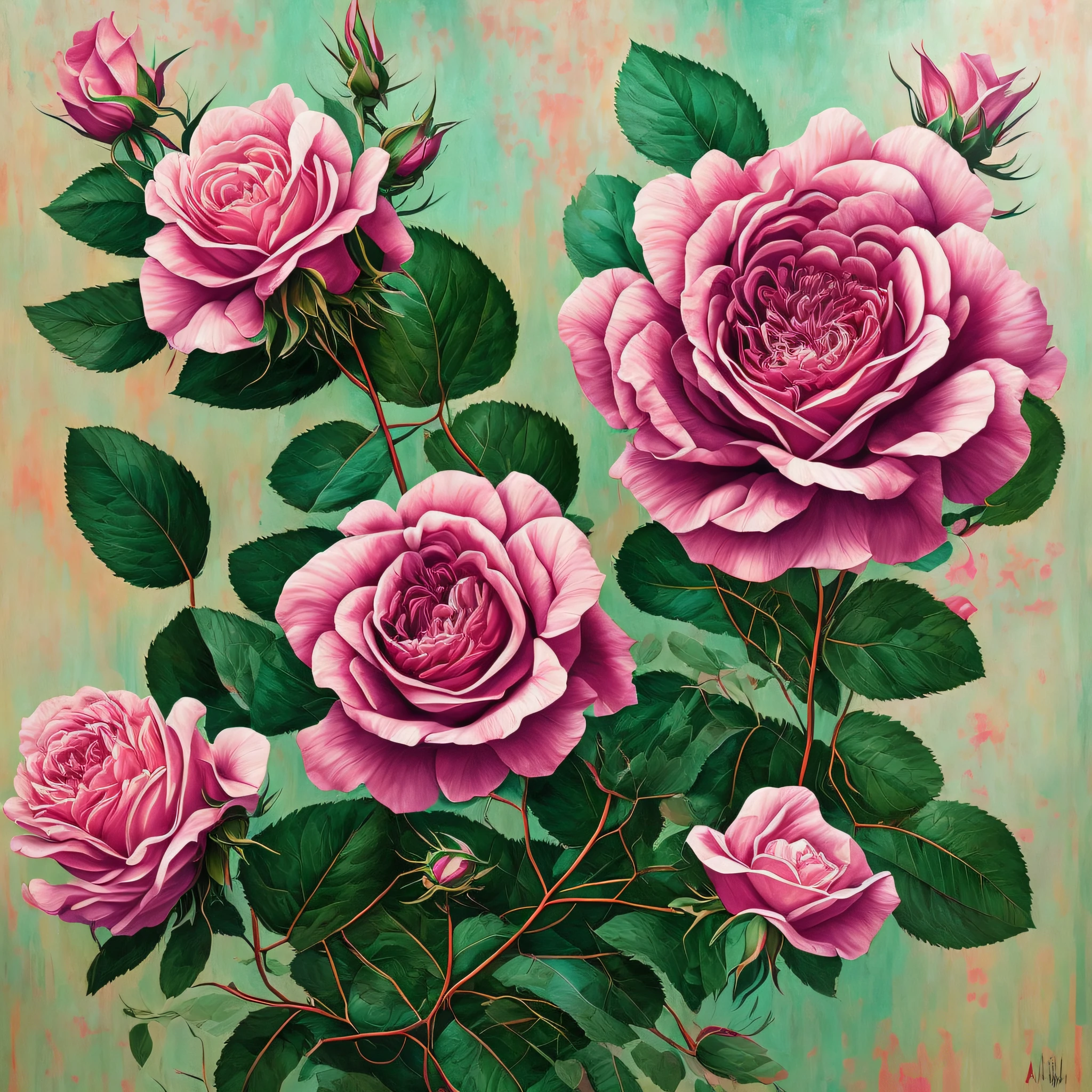 um close up de uma pintura de uma rosa rosa com folhas verdes, rose twining, arte perfeita finamente detalhada, Belas artes altamente detalhadas, arte altamente detalhada, detalhes intrincados hiperrealistas, multi-layered artworks, giant mechanical rose, beleza intrincada, arte extremamente detalhada, arte deslumbrante, enquadramento impressionante, arte intrincadamente detalhada, Intrincado, arte em papel em camadas --auto