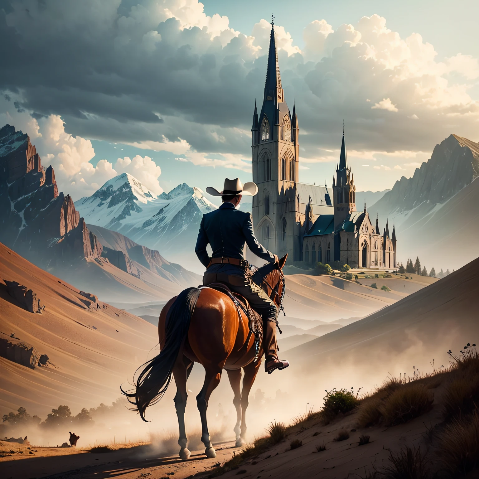 Man riding a horse in a wild west setting with mountains and a gothic style church in the background --auto