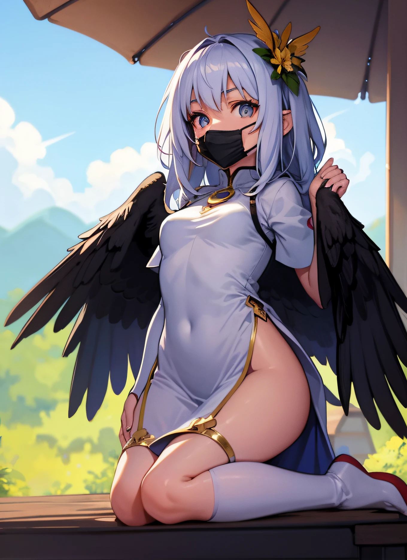 anime girl with black wings sitting on a table with a mask on, angel knight girl, top rated on pixiv, best anime 4k konachan wallpaper, young harpy-girl, cushart krenz key art feminine, 2. 5 d cgi anime fantasy artwork, Trending on ArtStation pixiv, guweiz on pixiv artstation