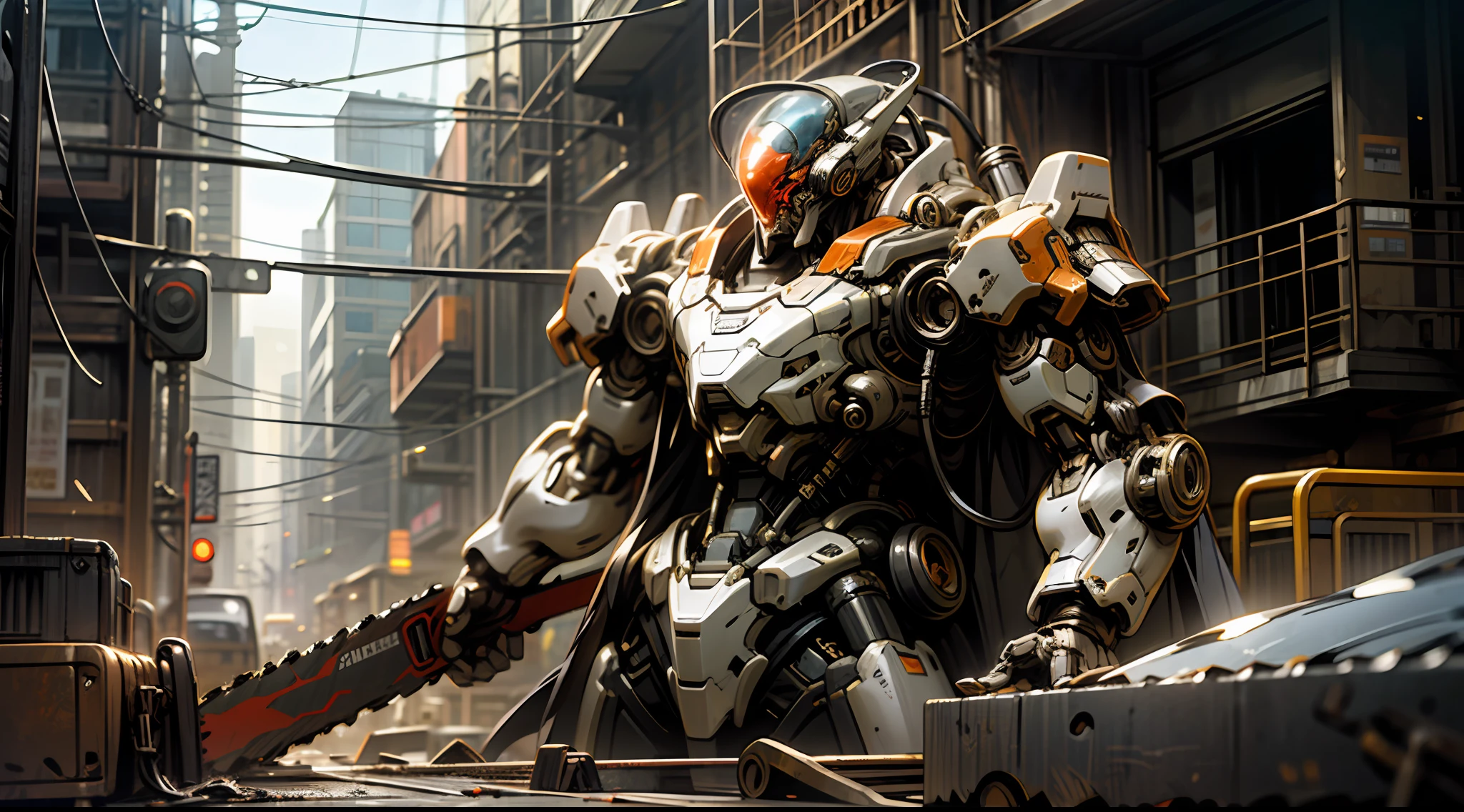Dark_Fantasy,Cyberpunk,(chain saw,chain saw man,Red:1.1),1man,Mechanical marvel,Robotic presence,Cybernetic guardian, wearing a worn-out mech suit, intricate, (steel metal [rusty]), elegant, clear focus, shot by greg rutkowski, soft lighting, vibrant colors, masterpiece, ((street)), cowboy shot, dynamic pose,