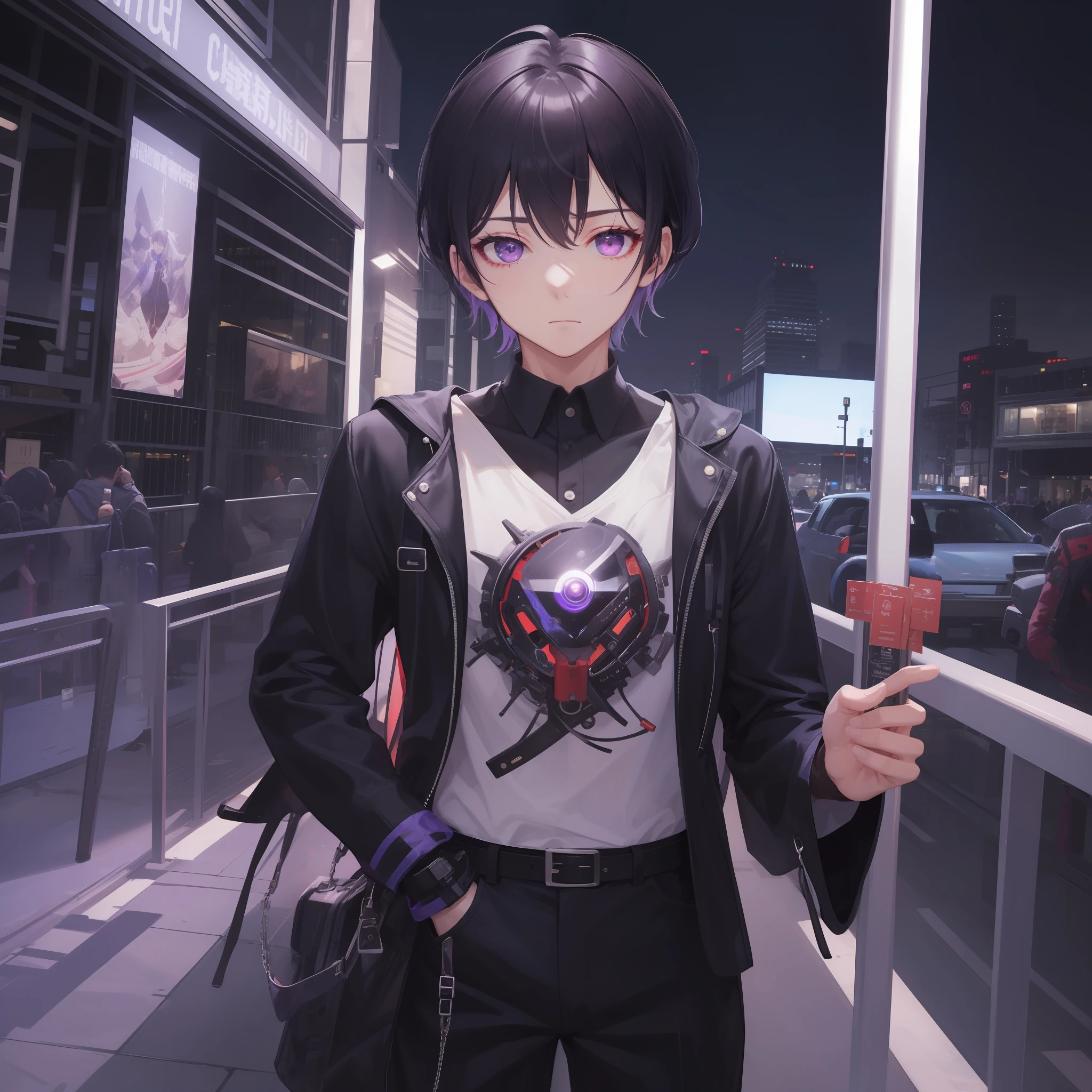masterece-piece，Best image quality，Higher quality，(high detailes)，UltraHighResolution，8K分辨率，Boys and Men，solo person，short-length hair，Straight hair，Purple-black hair，apathetic，Camisa blanca，Purple eye，Haut du corps，night scenery，handsome husband，to stand，cyperpunk，The left eye is a mechanical prosthetic eye