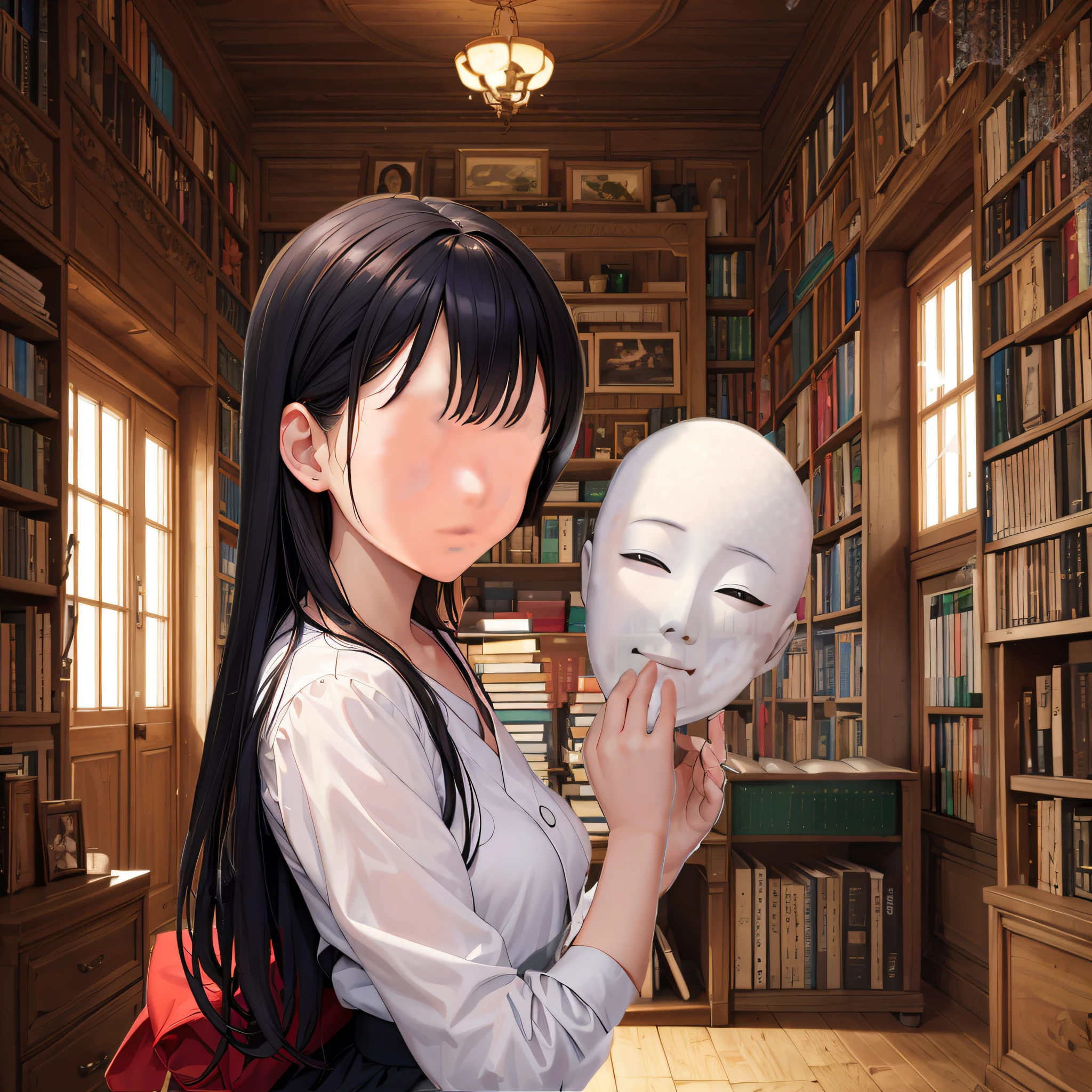 anime girl holding a mask in a library with bookshelves, artwork in the style of guweiz, makoto shinkai and tom bagshaw, with no face, guweiz masterpiece, realistic anime 3 d style, No face mask, guweiz, with kitsune mask, guweiz on pixiv artstation, 3 d anime realistic